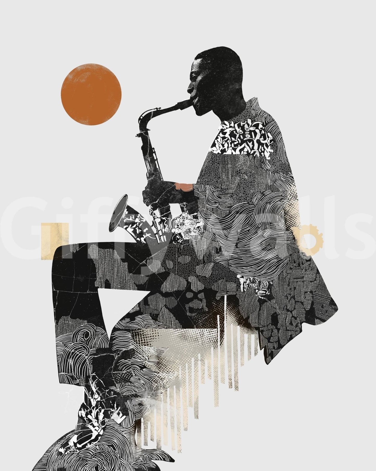 Urban Jazz wallpaper mural shown as a full-wall collage of a saxophonist with an orange sun