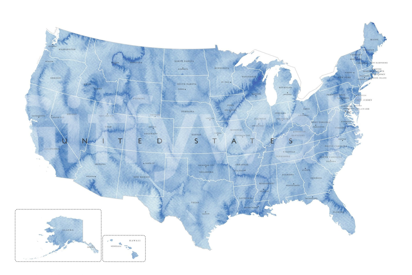 USA map with states and capitals in blue watercolor shown as a full-wall mural with Alaska and Hawaii insets