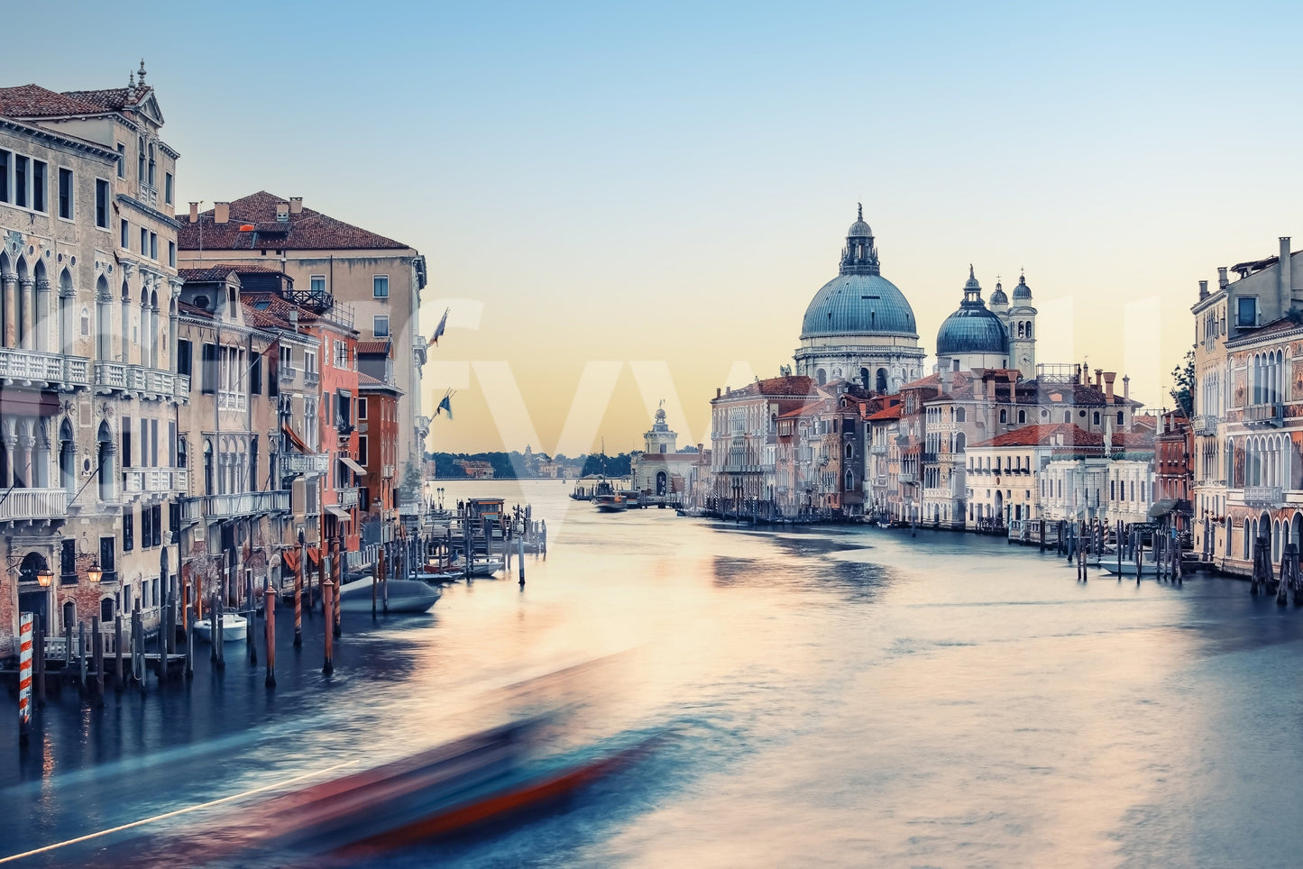 Venetian Serenity wallpaper mural shown as a full-wall mural of the Grand Canal and domed basilica at sunrise