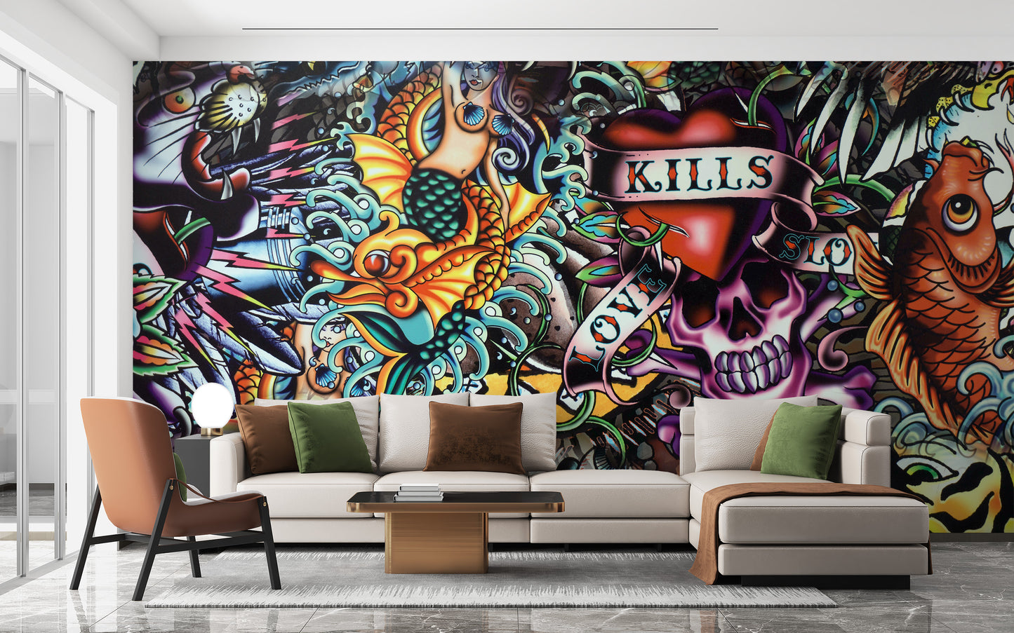 Vibrant Tattoo Style Graffiti wallpaper mural of mermaid and skull art behind a cream sectional sofa