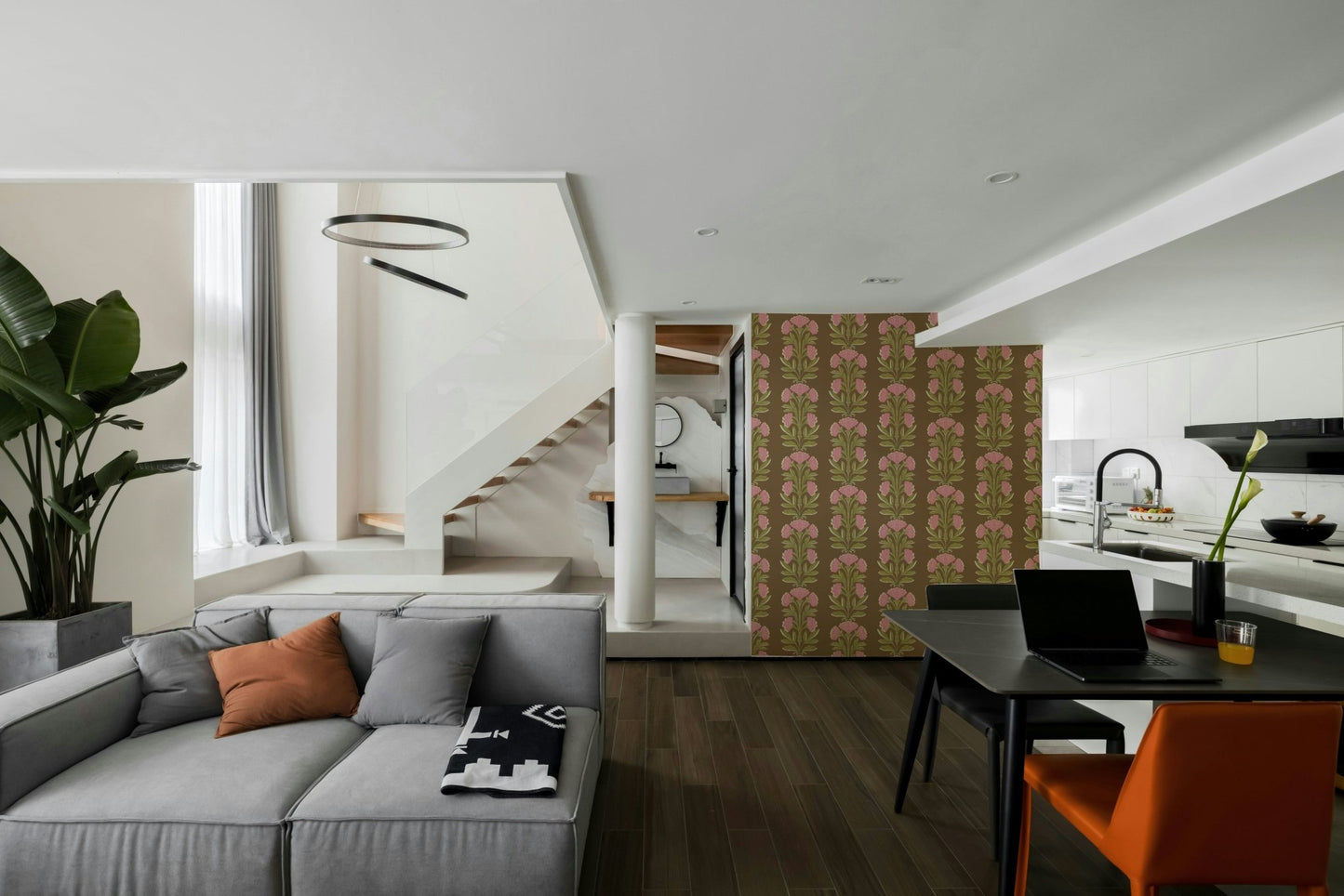 A wallpaper design with a vintage floral pattern.