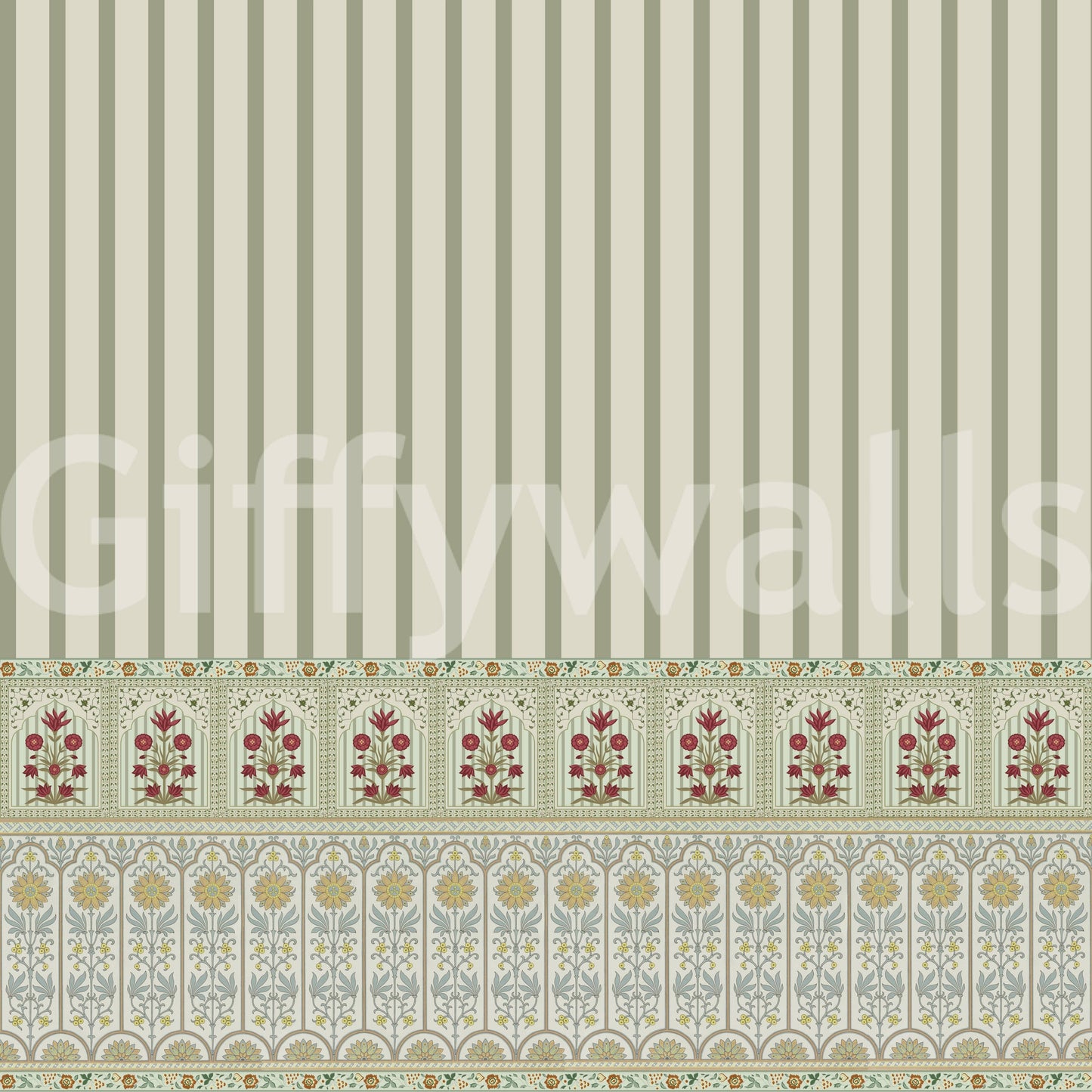 Green wallpaper mural featuring bloom stripe floral border