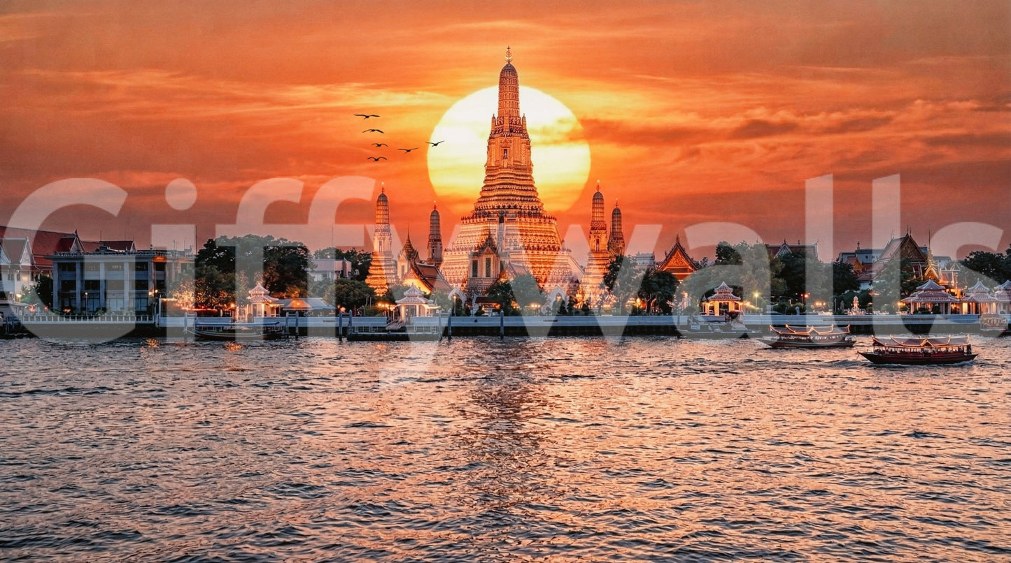 Wat Arun sunset wall mural with glowing temple and river reflections