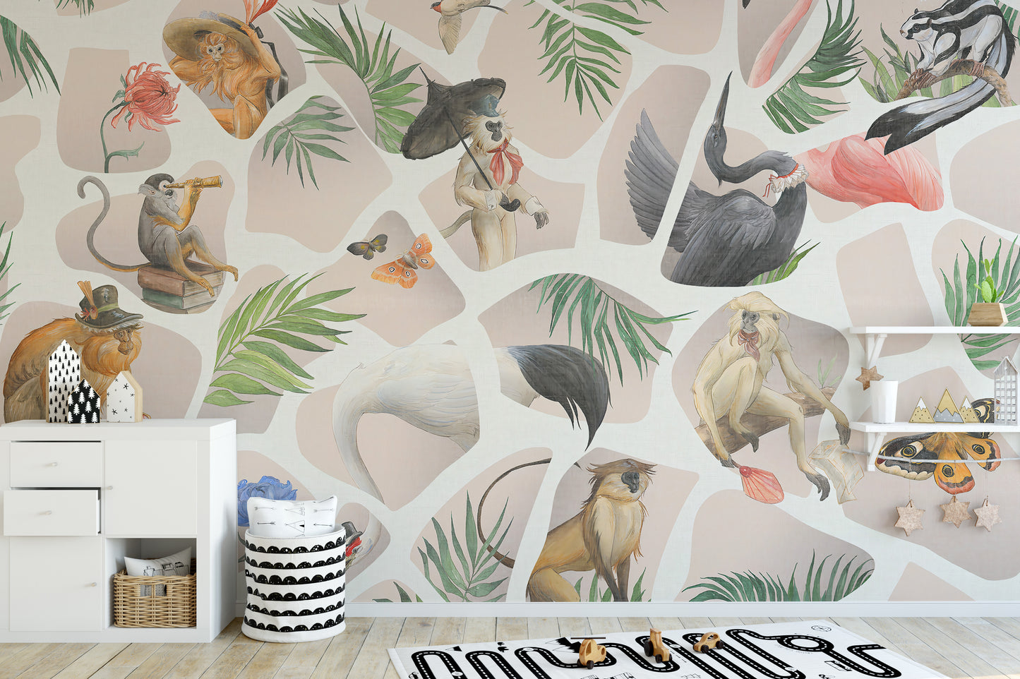 Light pink monkey and birds mural for playful yet elegant spaces.