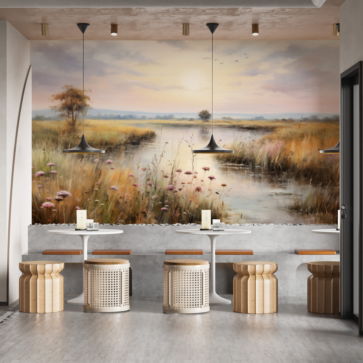 Nature-inspired watercolor wetlands landscape lake wallpaper for a fresh room look.