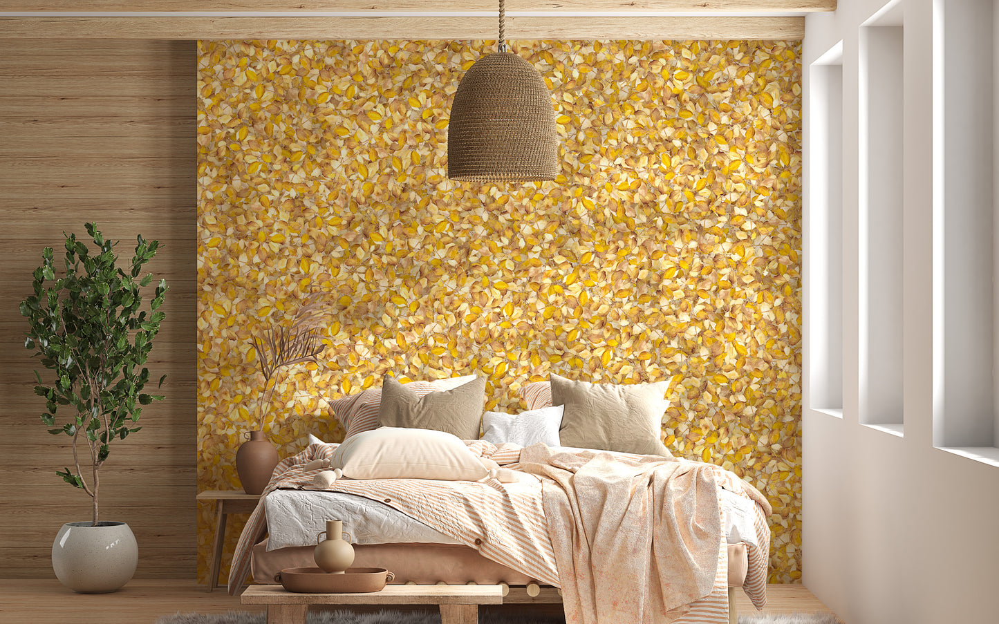 Sophisticated yellow watercolor leaves mural