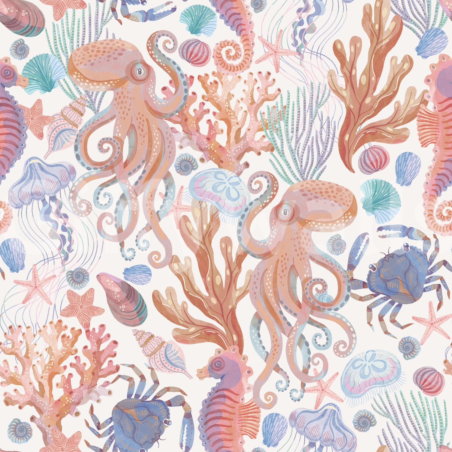 Pastel Coastal Cabin Sea Creatures Wallpaper