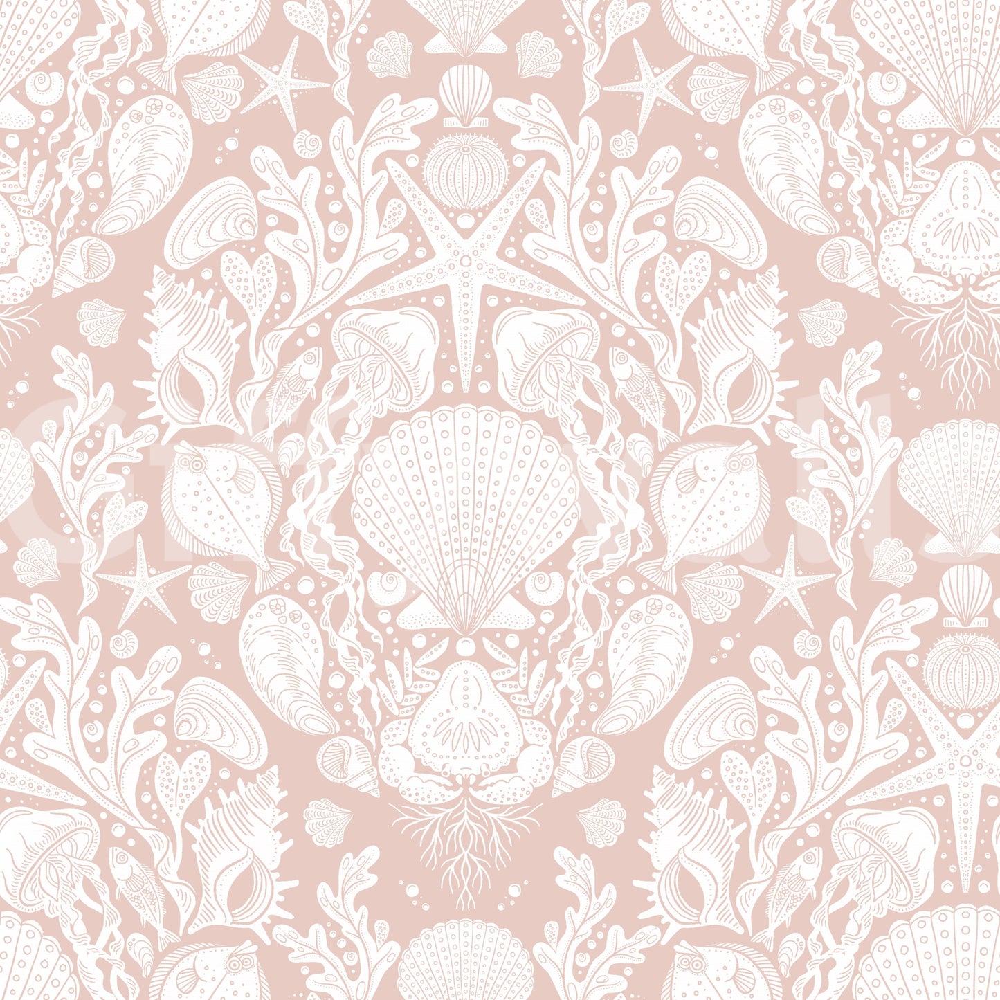 Deep Sea Damask in Powder White Wallpaper