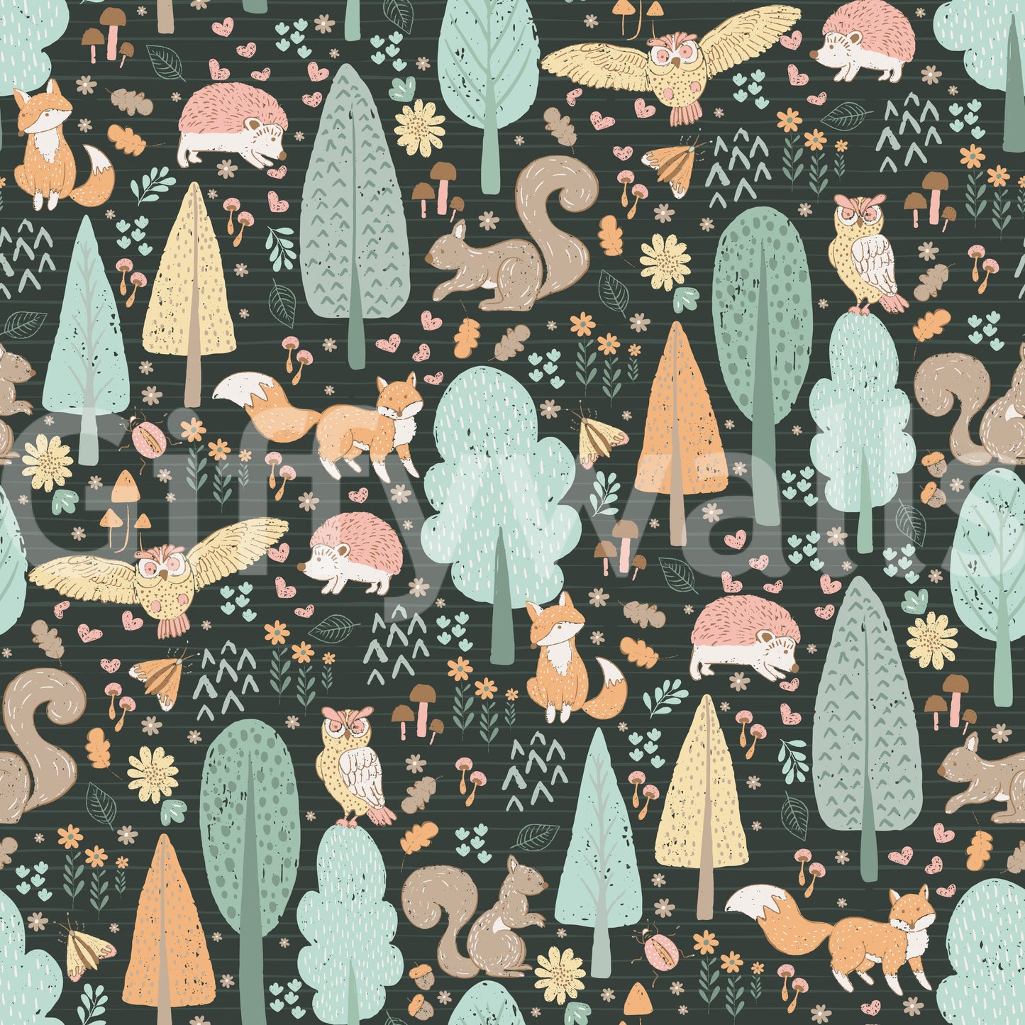 Playful Woodland Nursery Animals Dark Green Background Wallpaper