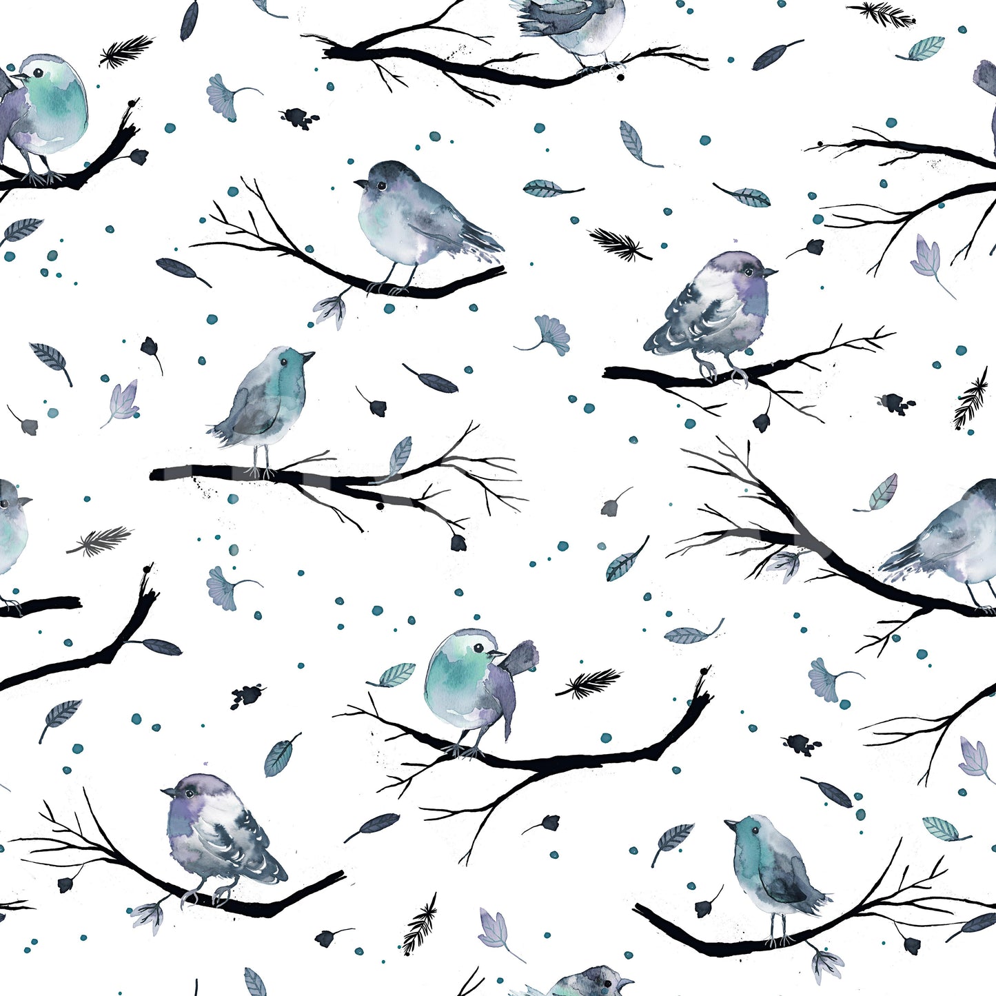Birds Branches Robin Aqua Blue Wallpaper