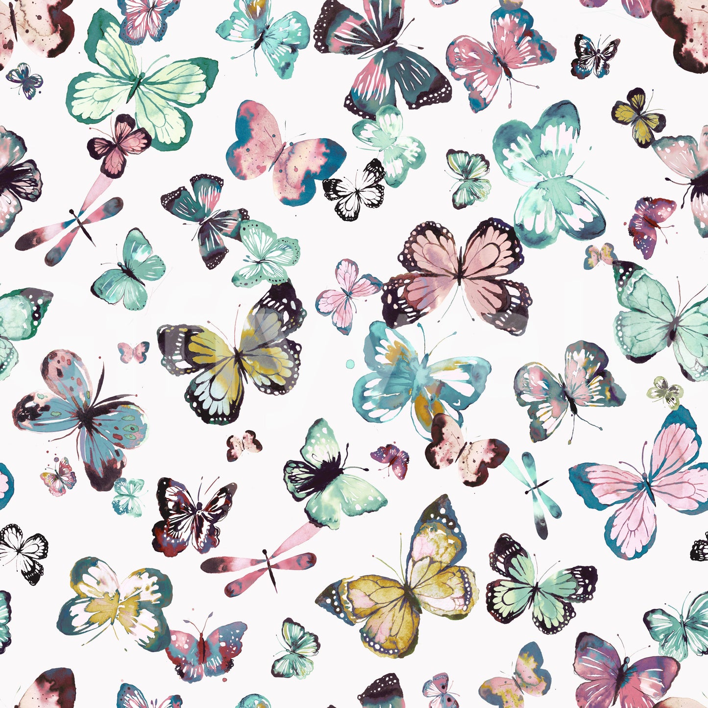 Flying Butterflies Green Pink Pastel Wallpaper