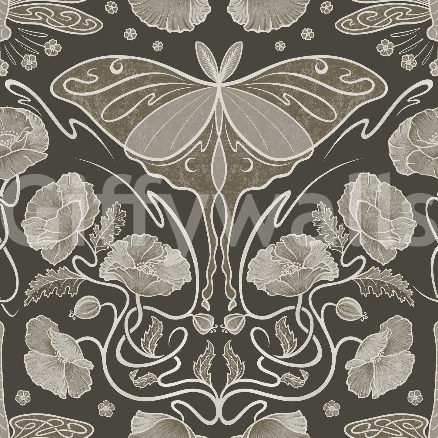 Warm-toned wallpaper with vintage poppy print