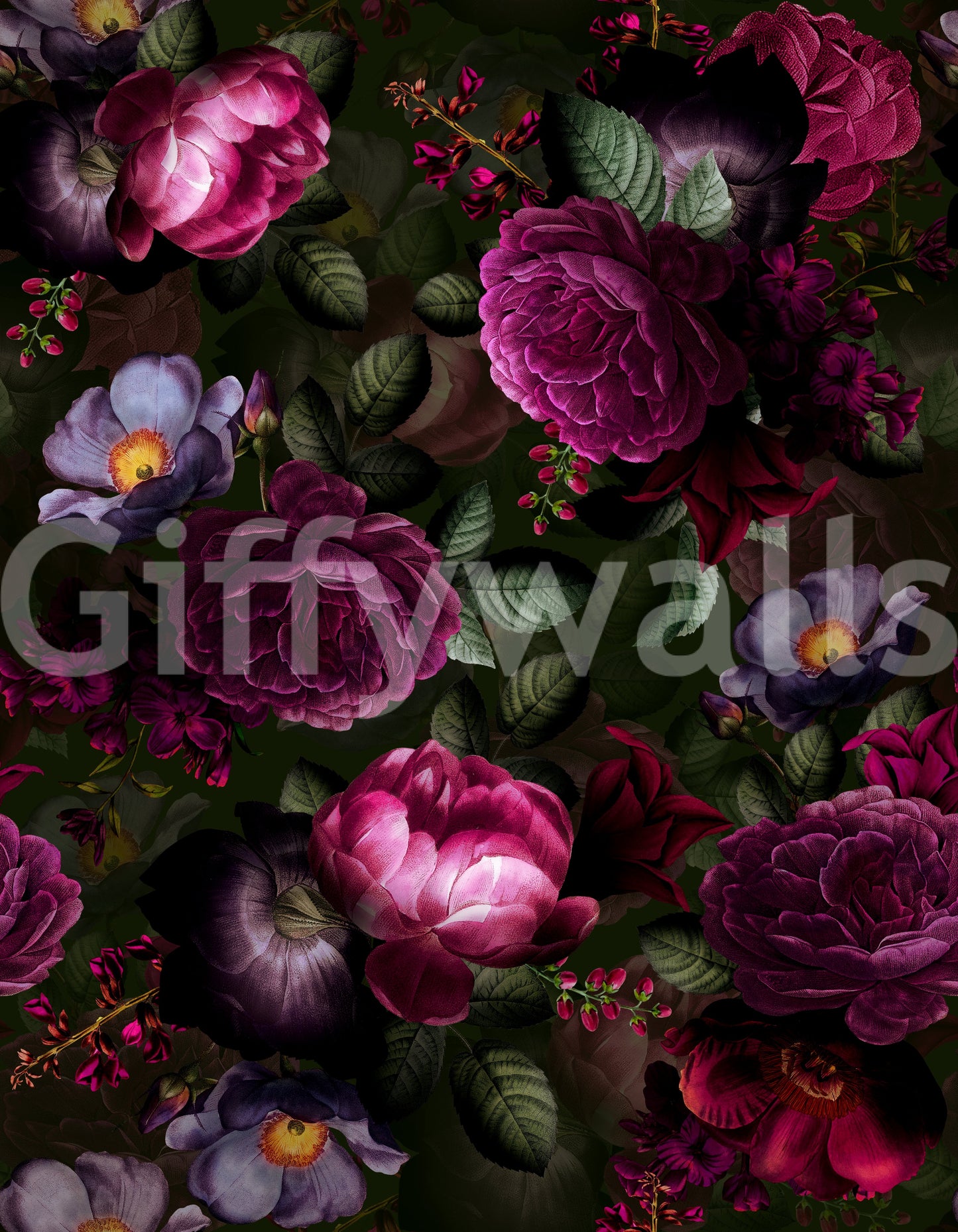 Rich dark floral wallpaper with a gothic vintage charm.