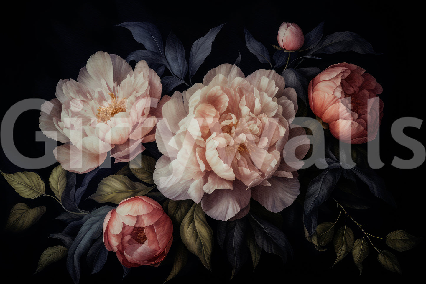 Vintage dark peony wall mural adding dramatic glamour to walls.