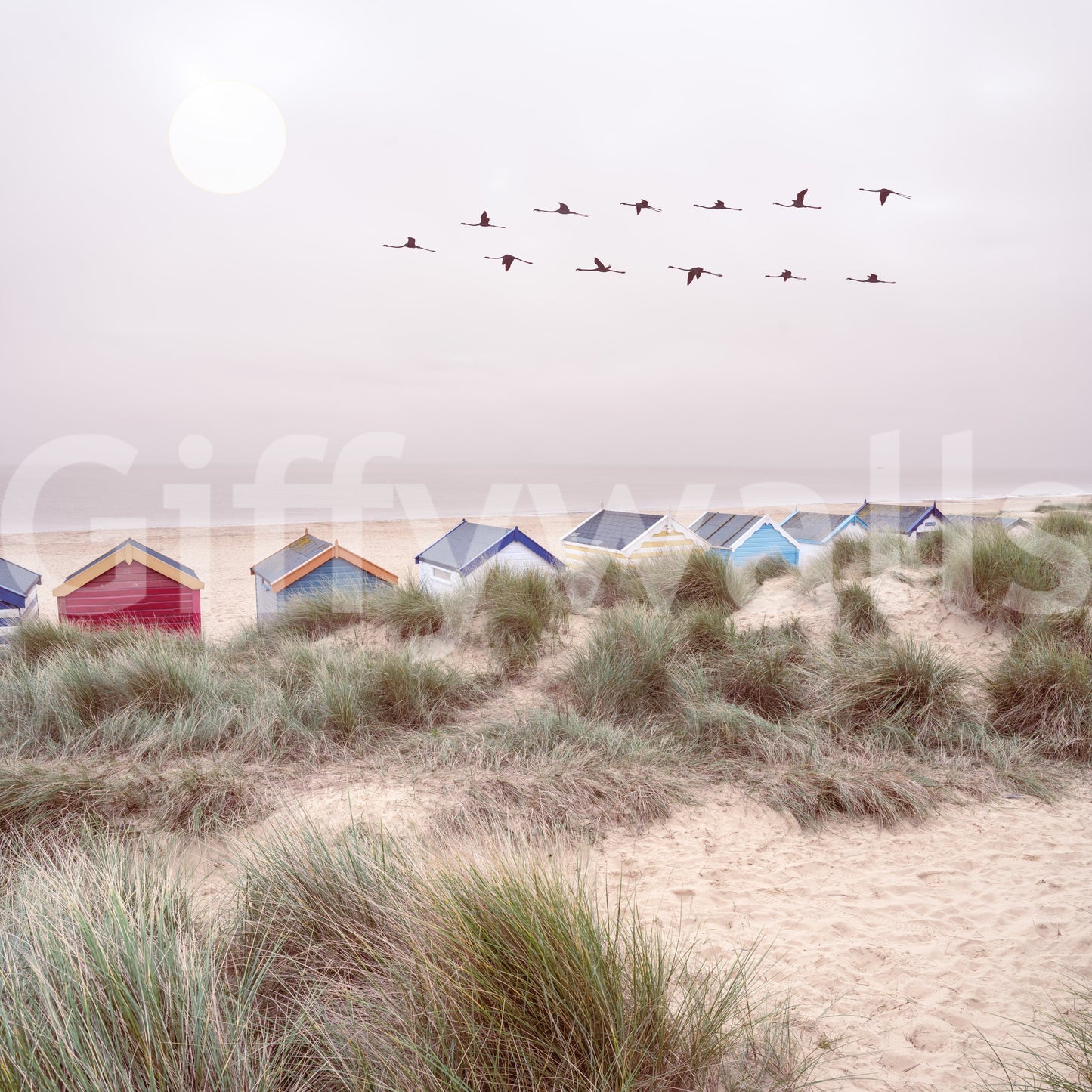 Peaceful beach scene mural featuring soothing ocean waves.