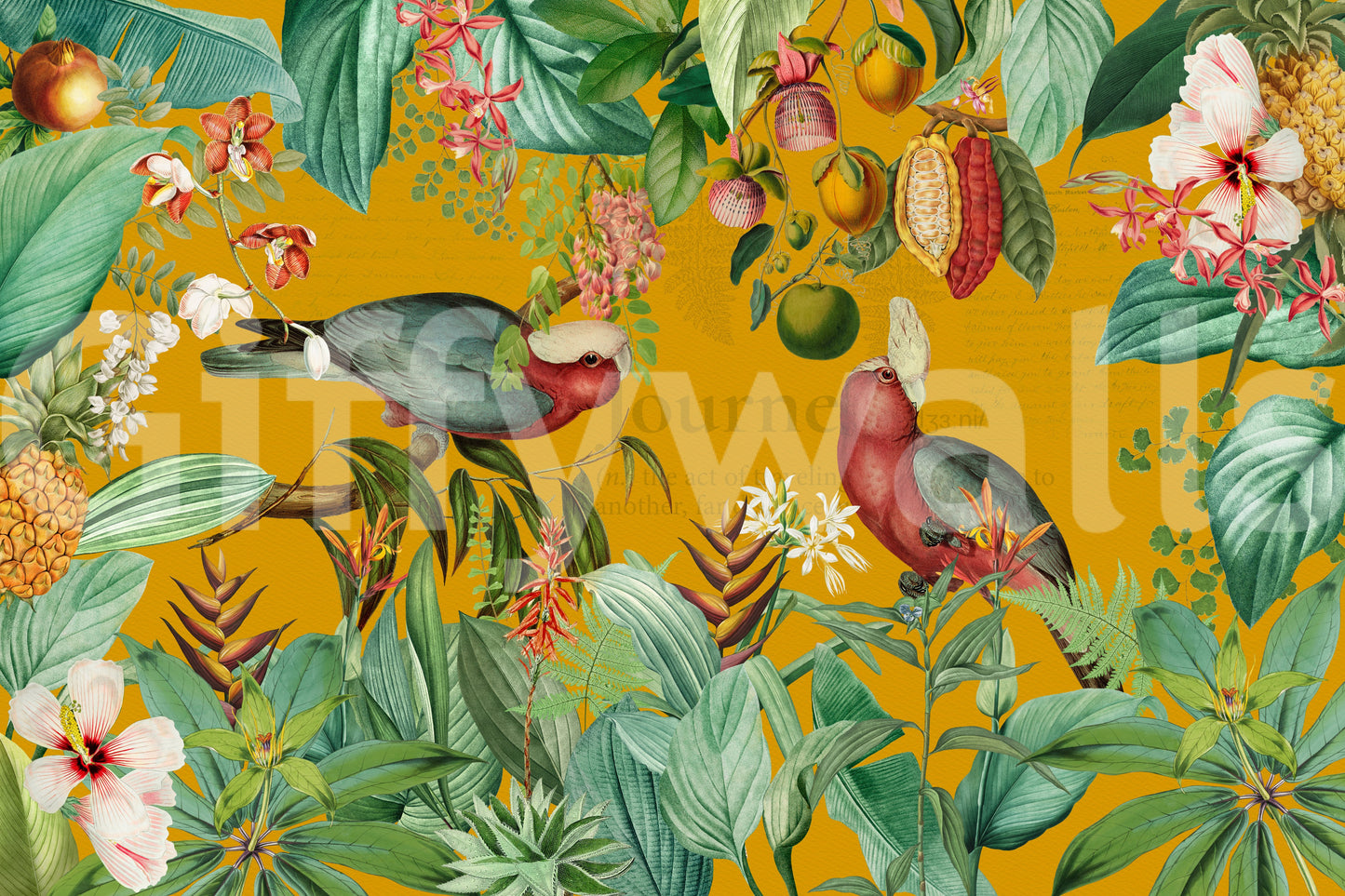 Tropical wall mural with jungle foliage and vintage appeal