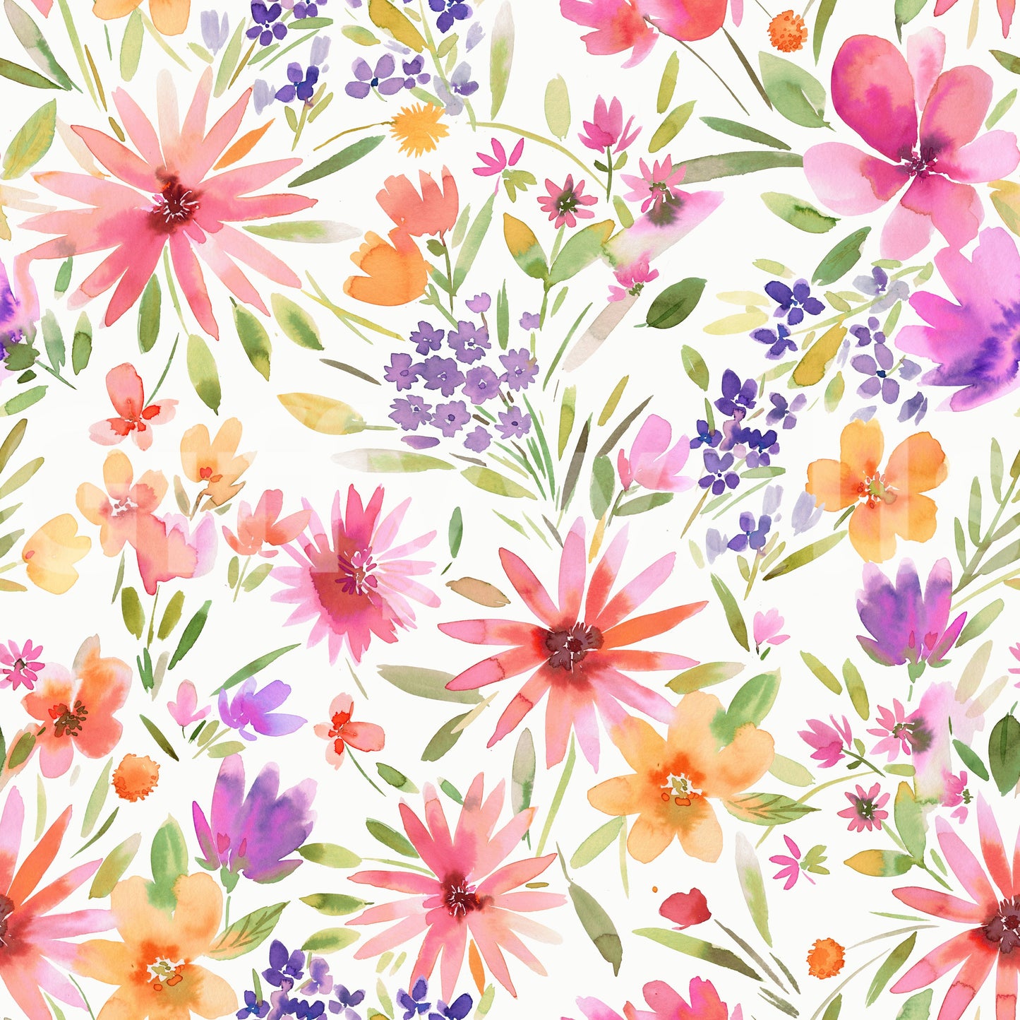 Wallpaper with dahlia flowers in soft pastel shades and vibrant green leaves.