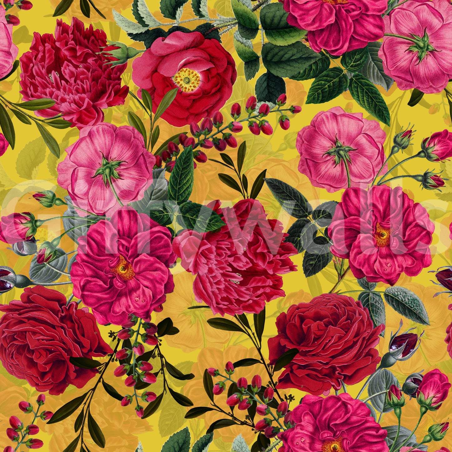 Bold rose wallpaper with rich colors and vintage floral design.