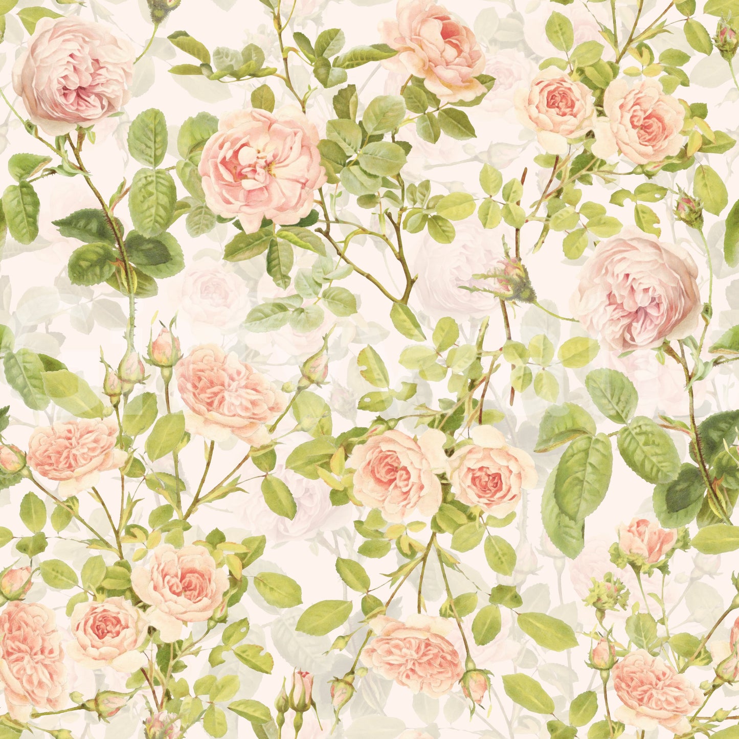 Classic floral wallpaper mural with intricate roses and lush leaves.