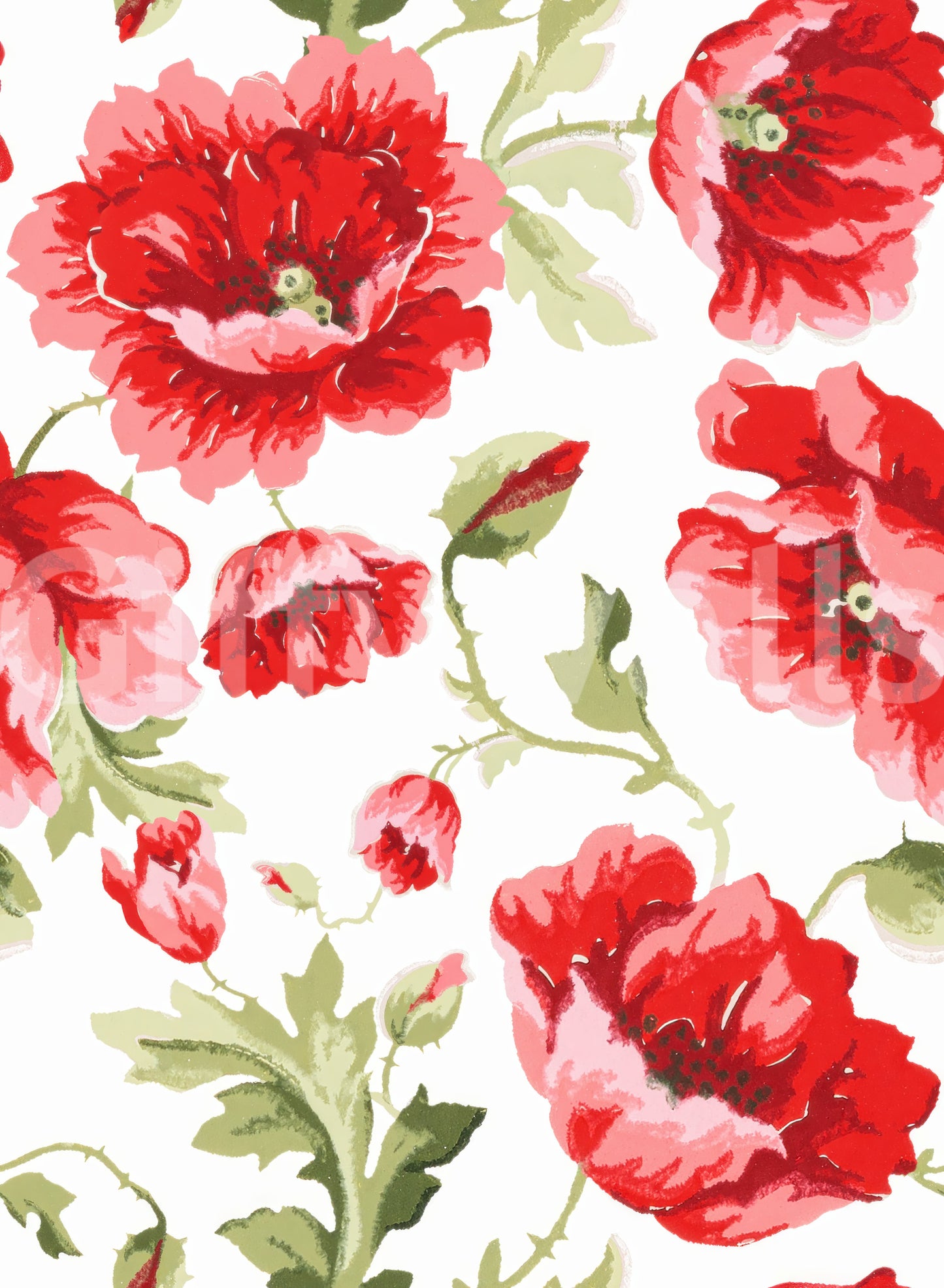 Wallpaper featuring flowing poppy illustrations in gentle hues.