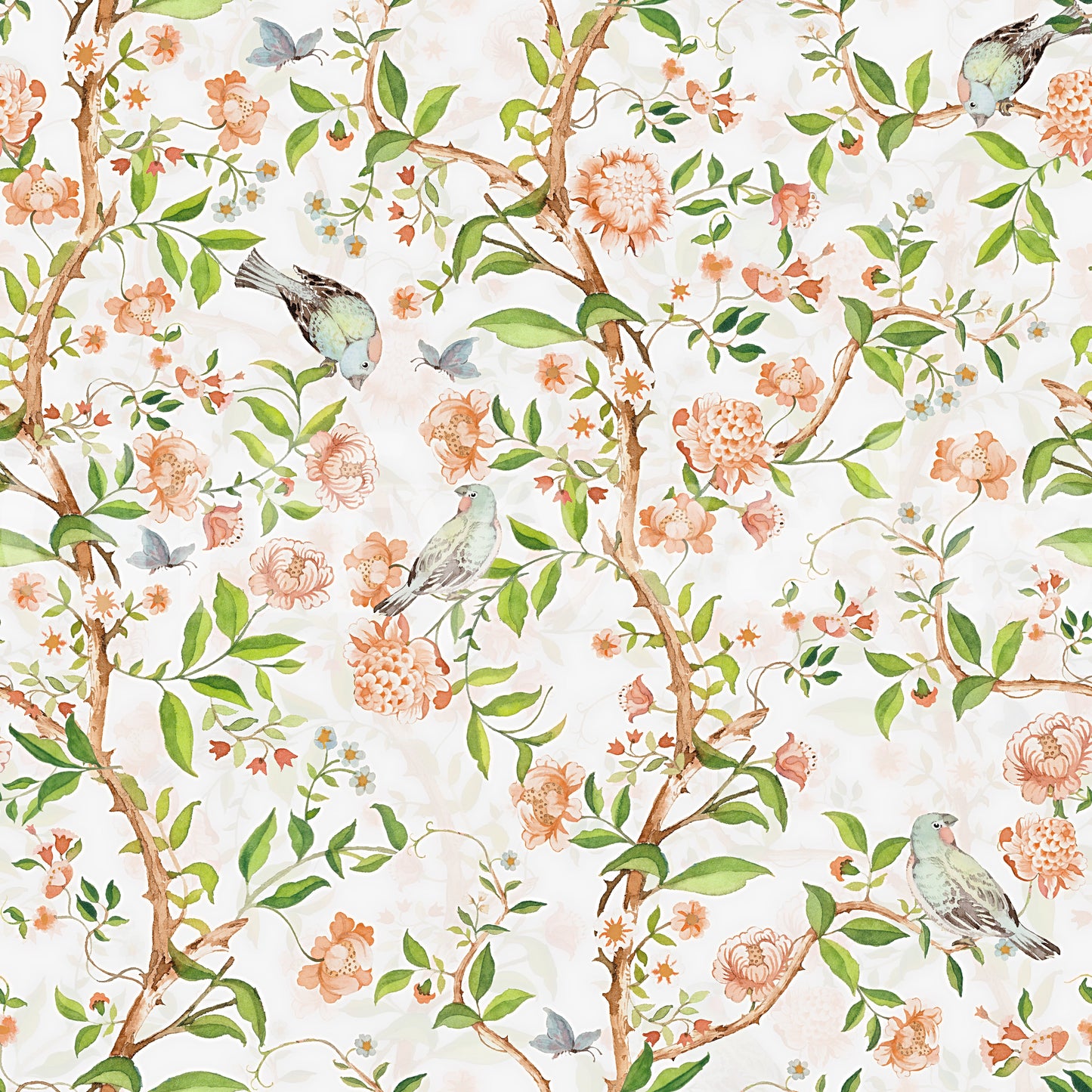 Wallpaper with pink and cream flowers, green leaves, and birds.
