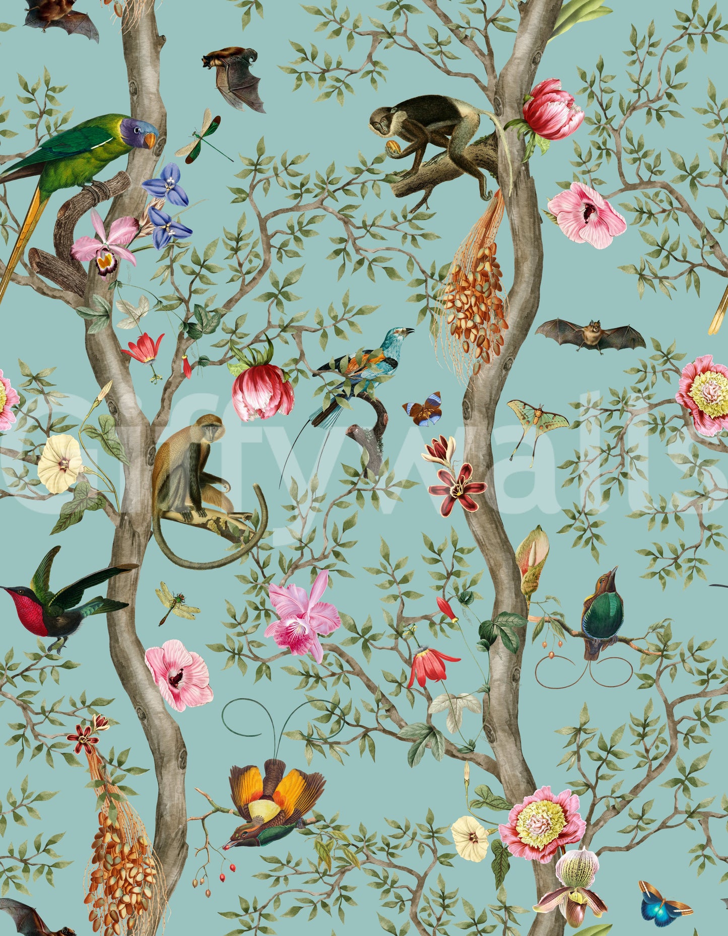 Nature-inspired wall mural with bright birds and lush background.