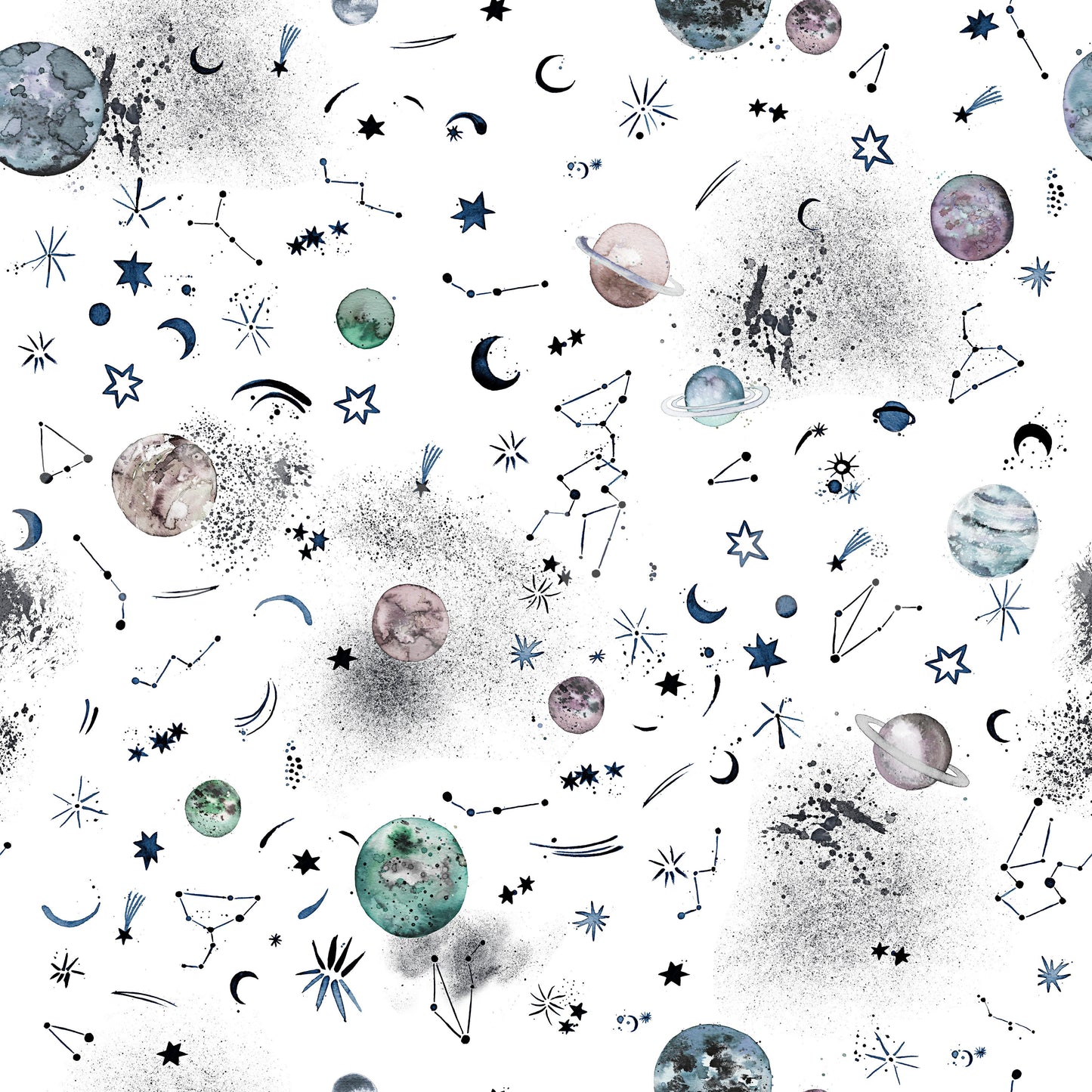 Galaxy-themed mural with planets and constellations for a deep space effect.