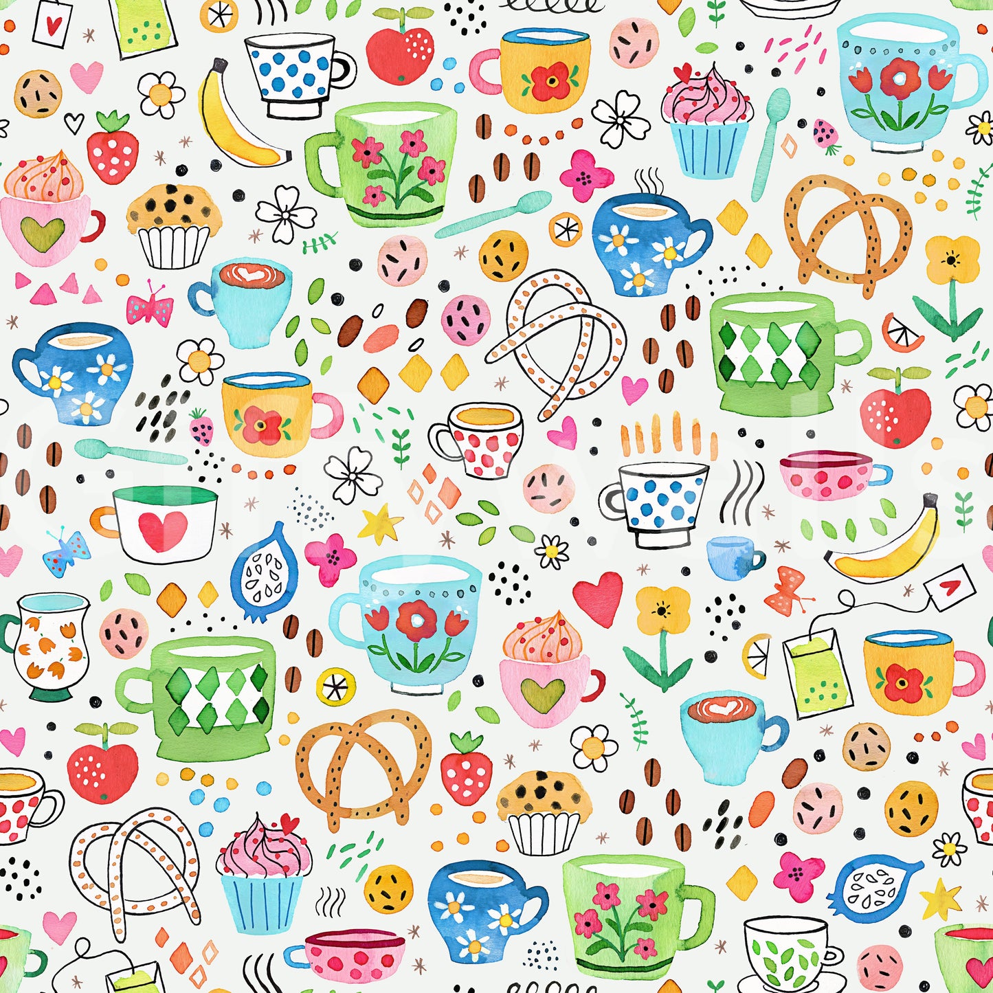 Wallpaper with nostalgic kitchen elements in hand-drawn style.
