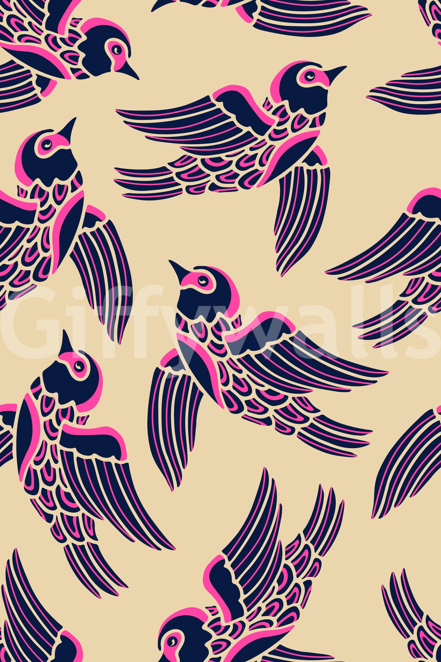 Nature-inspired wallpaper with birds flying higher in fuchsia and blue.