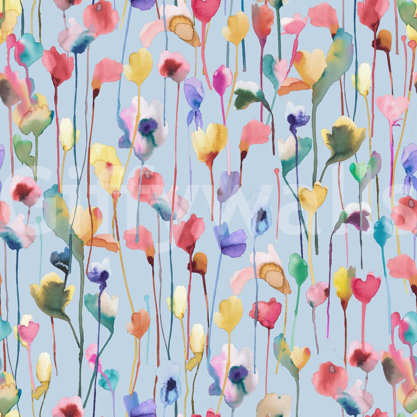 Peaceful wall mural with pale blue flowers in artistic style.