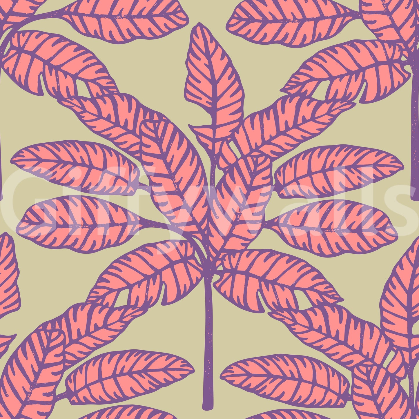 Retro desert oasis wallpaper with bold tropical leaves and pink and purple hues.