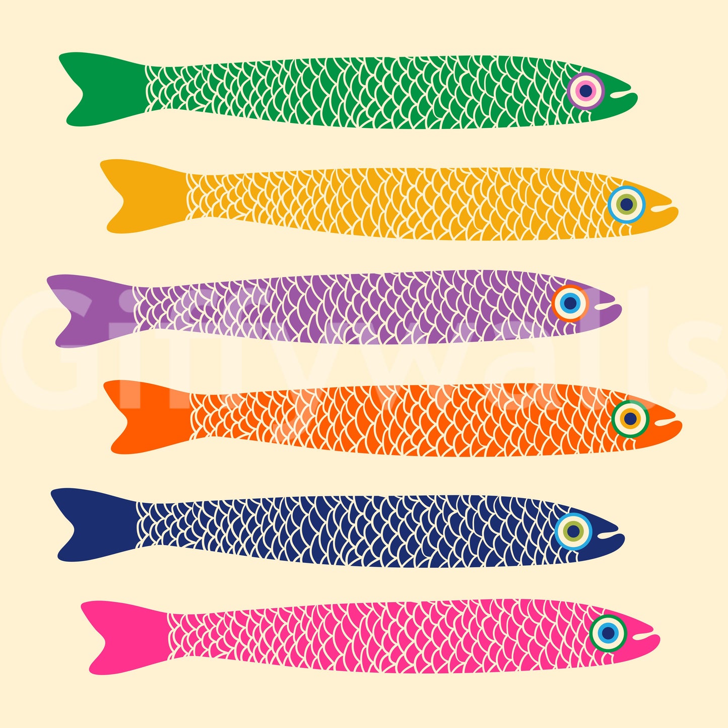 Colorful anchovies swimming in a vibrant mural against a cream backdrop.