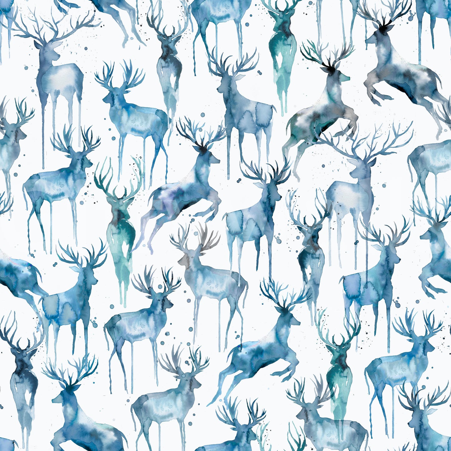 Wintery Artistic Deers Blue Wallpaper