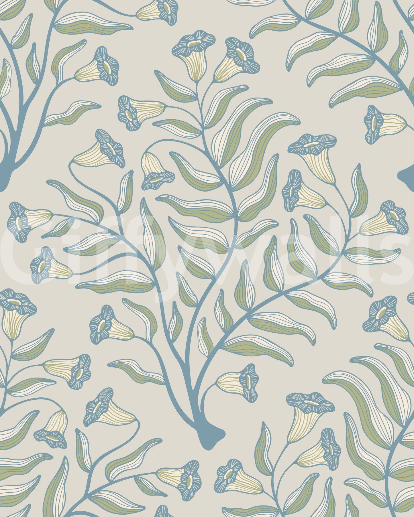 Gray botanical wallpaper with trumpet flower details