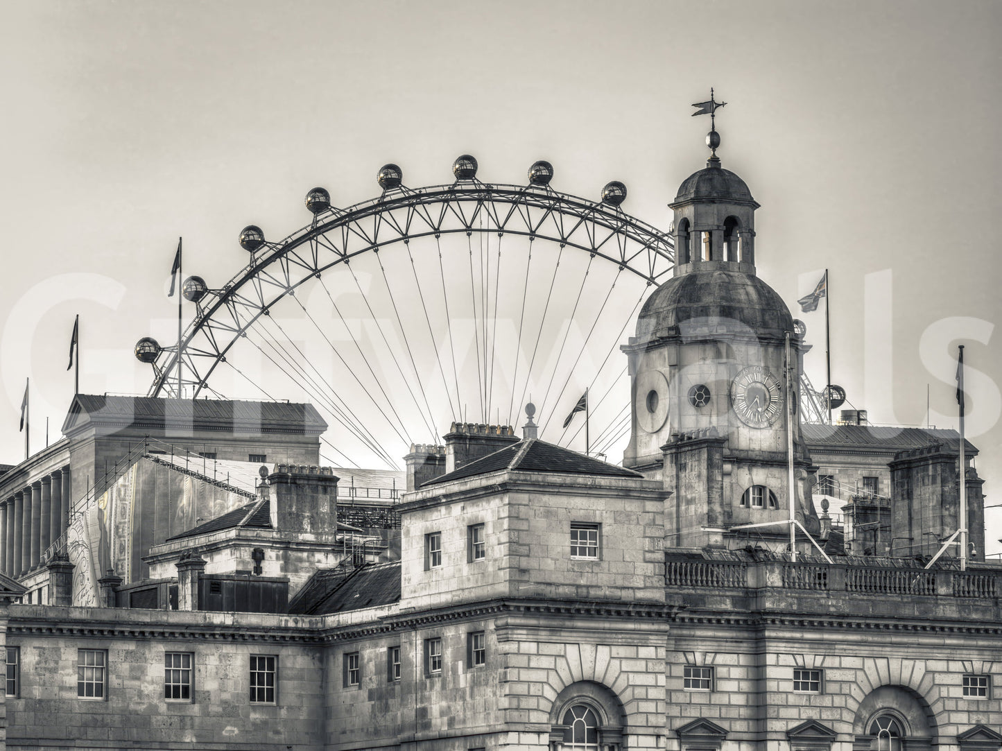 Vintage-style London scene mural showcasing the Ferris wheel behind buildings.