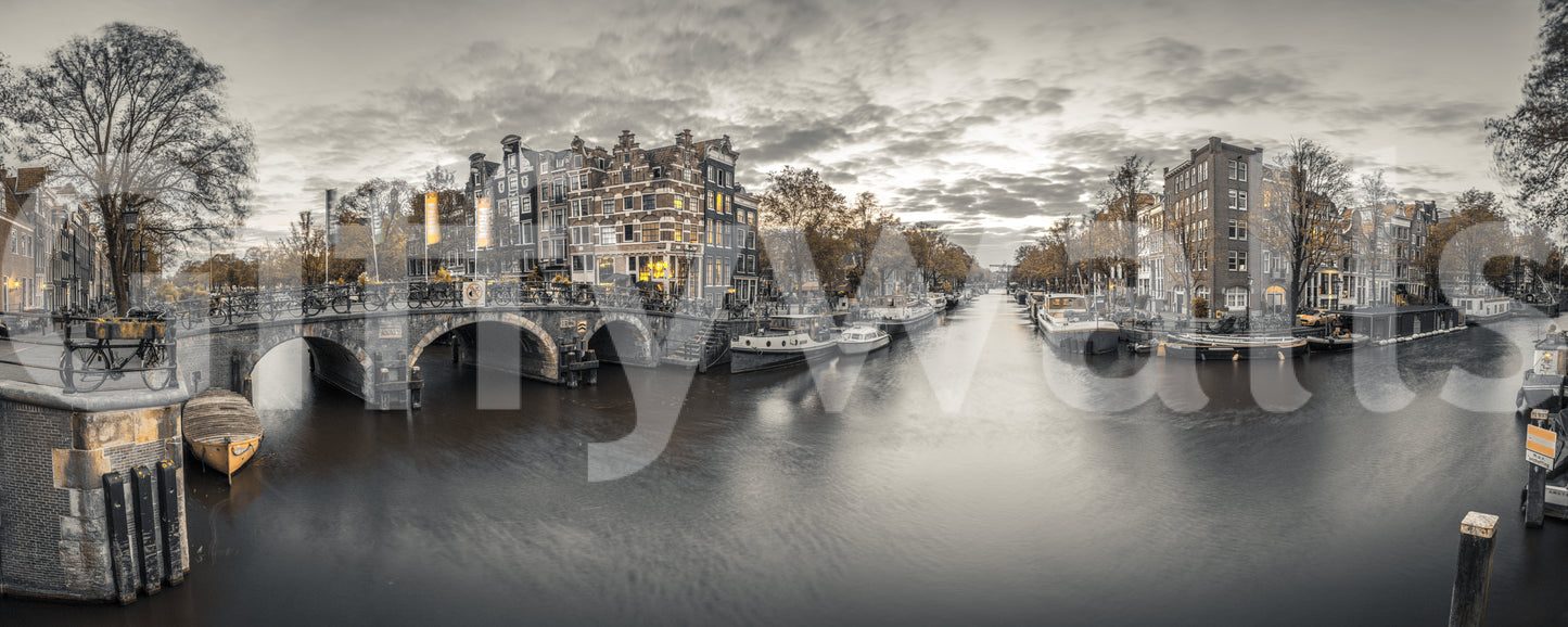 Peaceful canal scene of Amsterdam in twilight