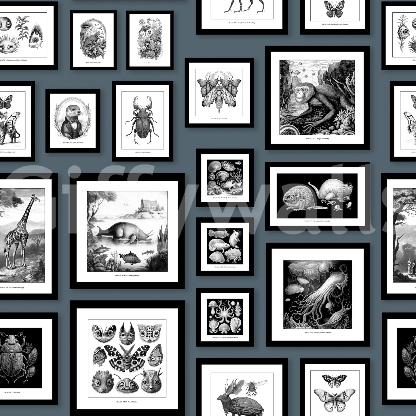 Decorative wallpaper featuring mythical beings in blue