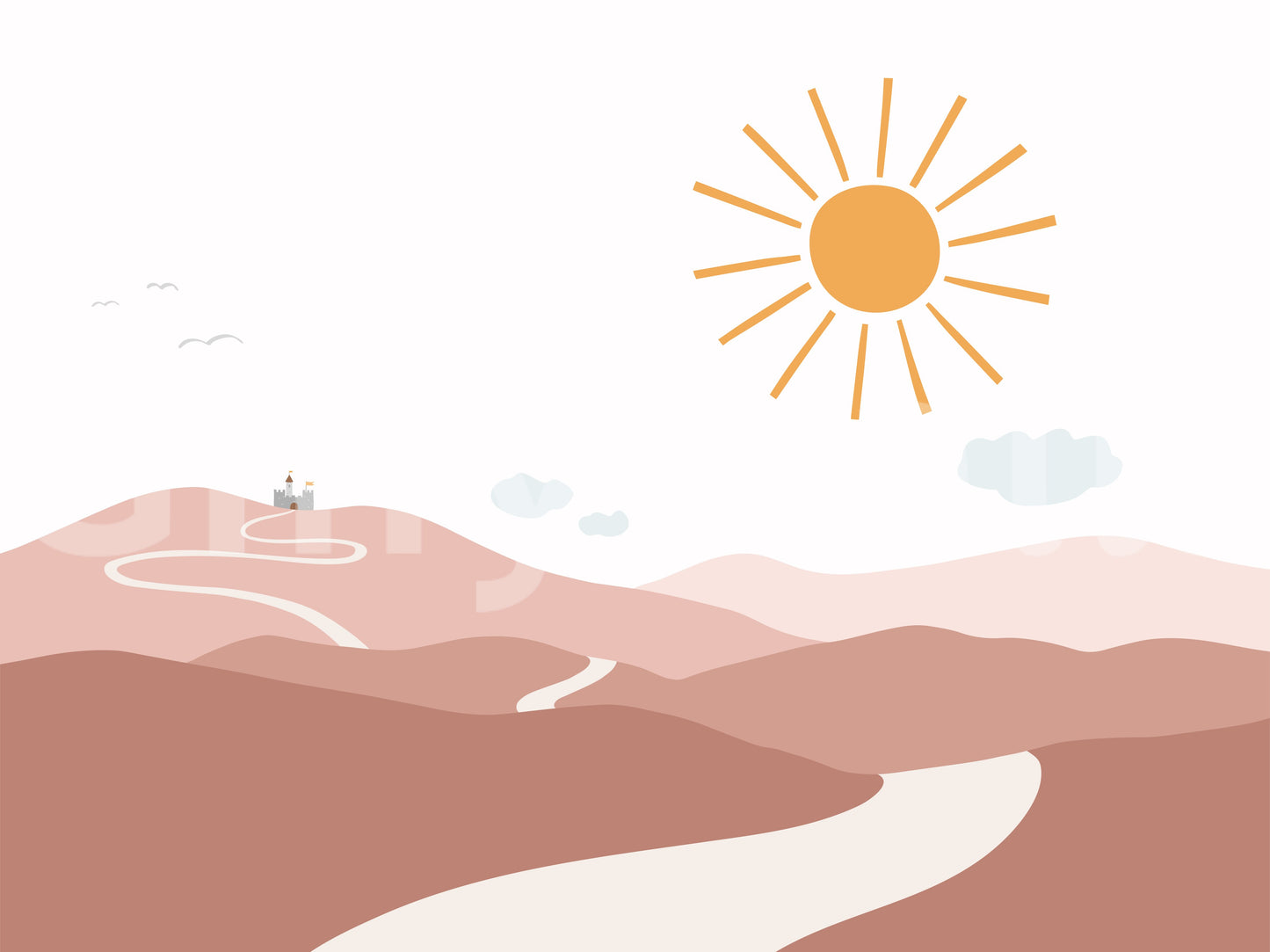 Mural with nature path and storybook castle in soft, muted tones.