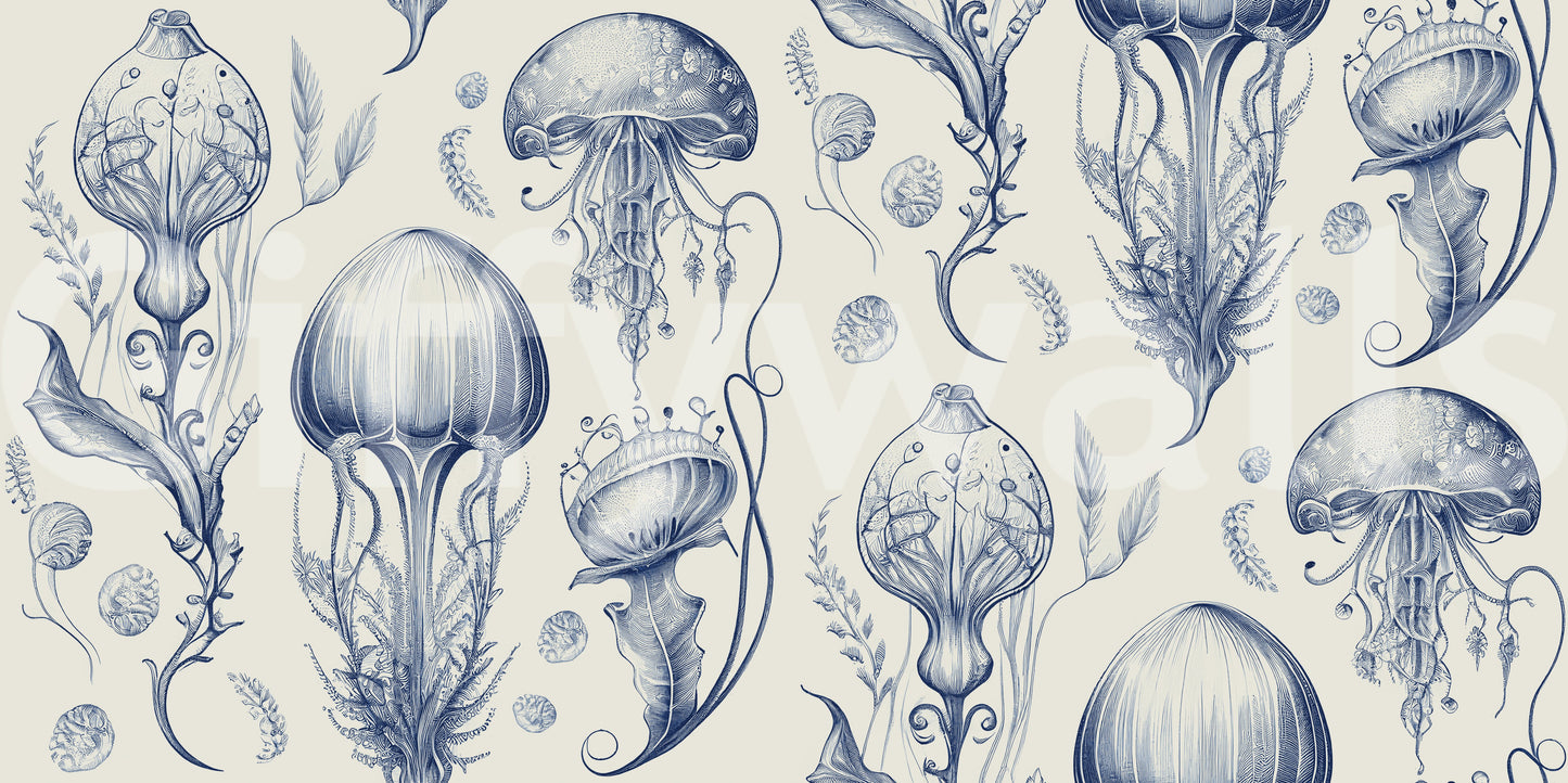 Ocean-inspired jellyfish wallpaper in muted pastels