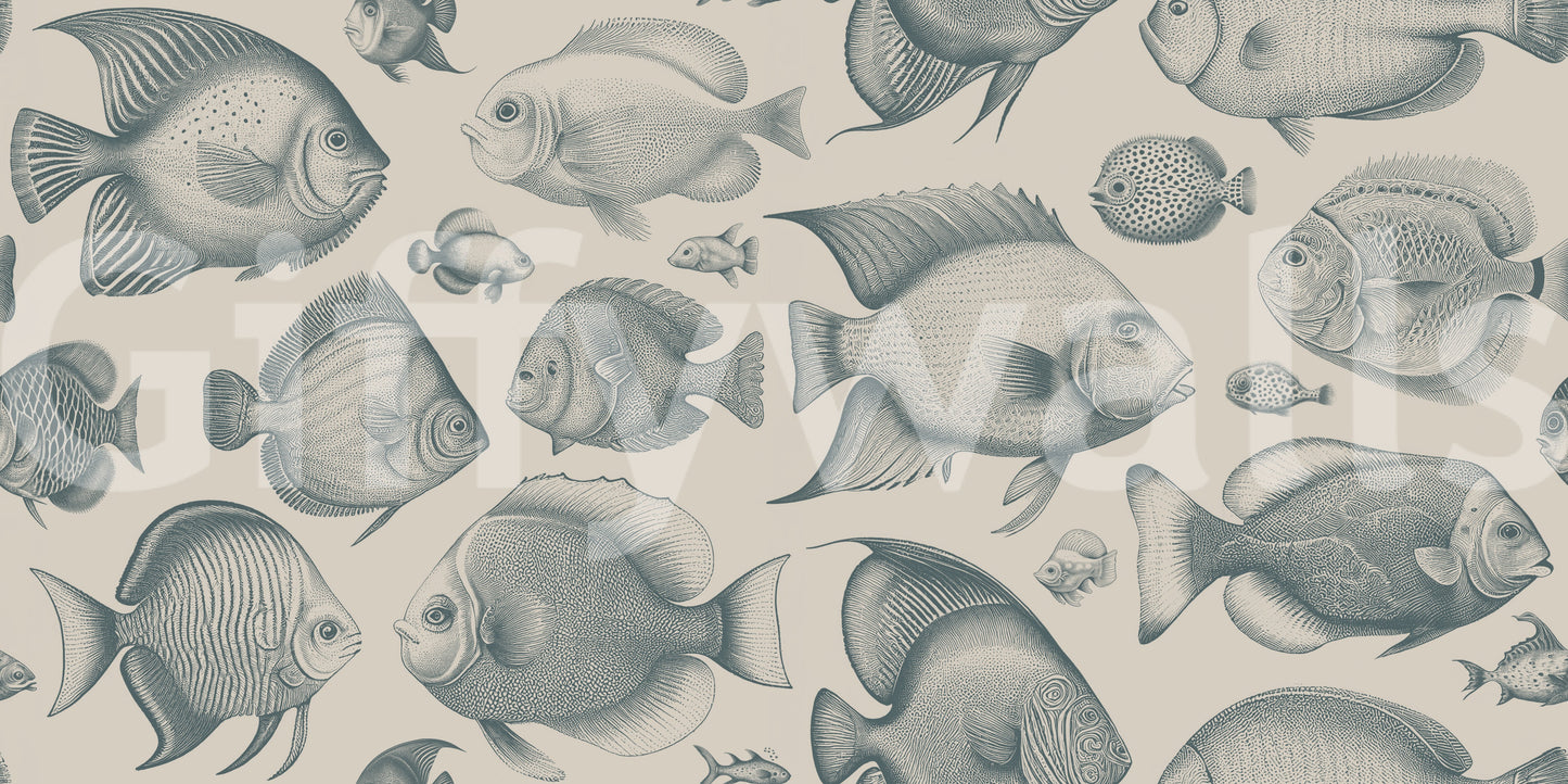 Detailed line art fish motif mural wallpaper for walls