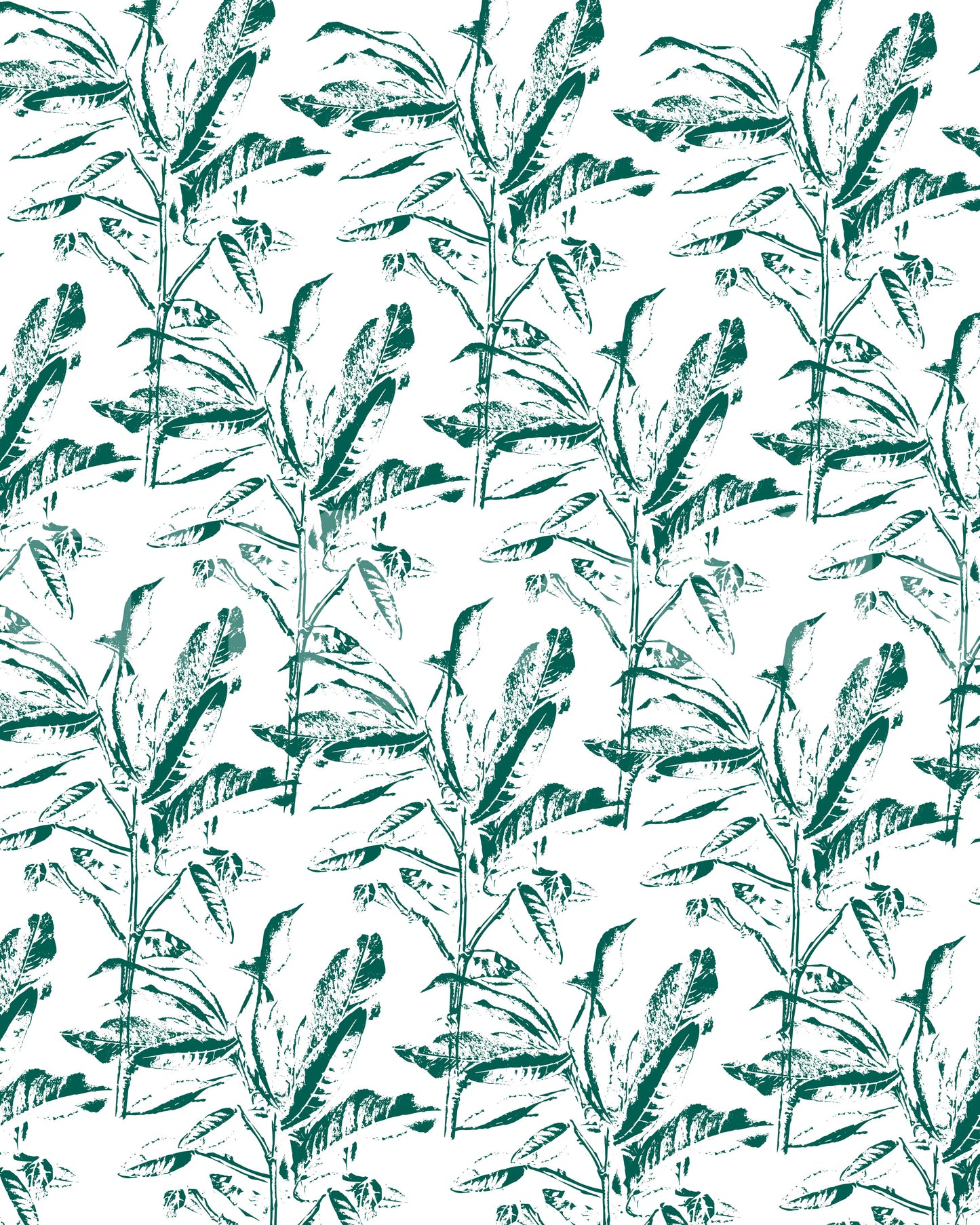 Vibrant, green botanical wall mural with artistic stamp effects