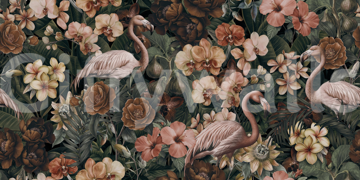 Flamingos in botanical setting wallpaper