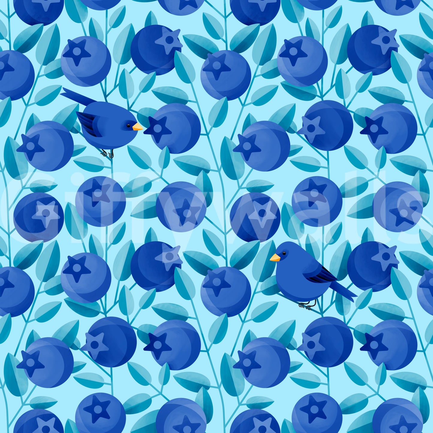 Decorative wallpaper featuring birds and fruits