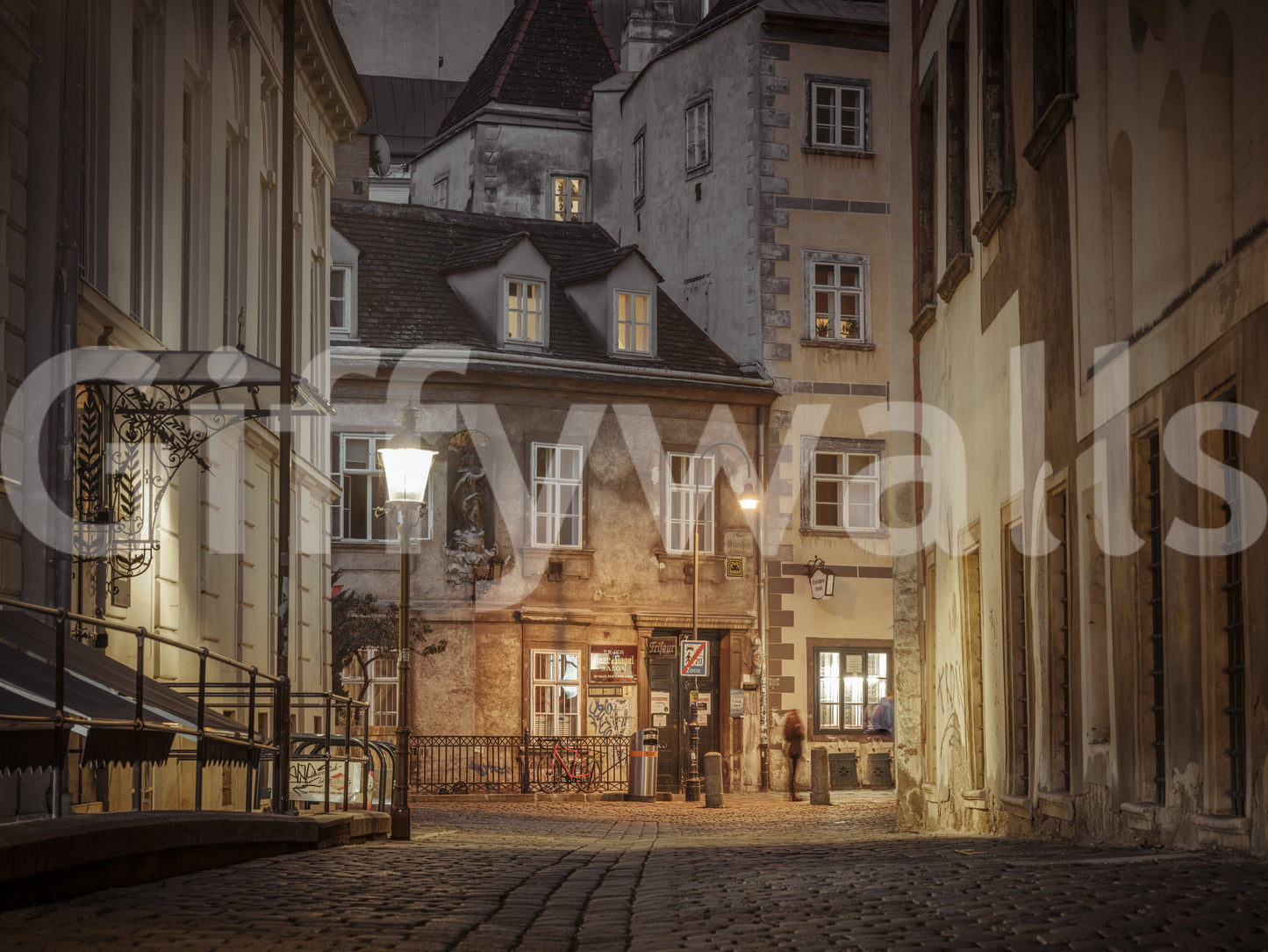 A wall mural depicting an evening cityscape