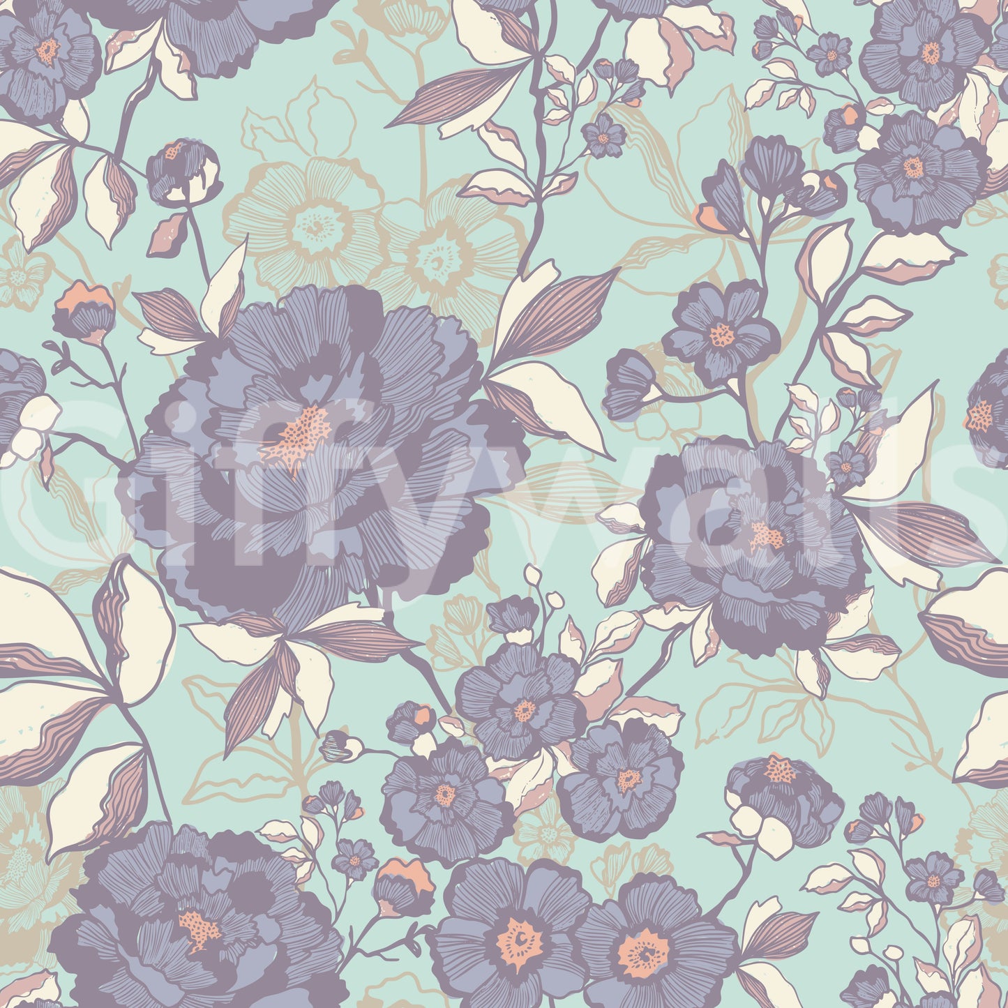 Wallpaper with a mix of light and dark etched flowers.