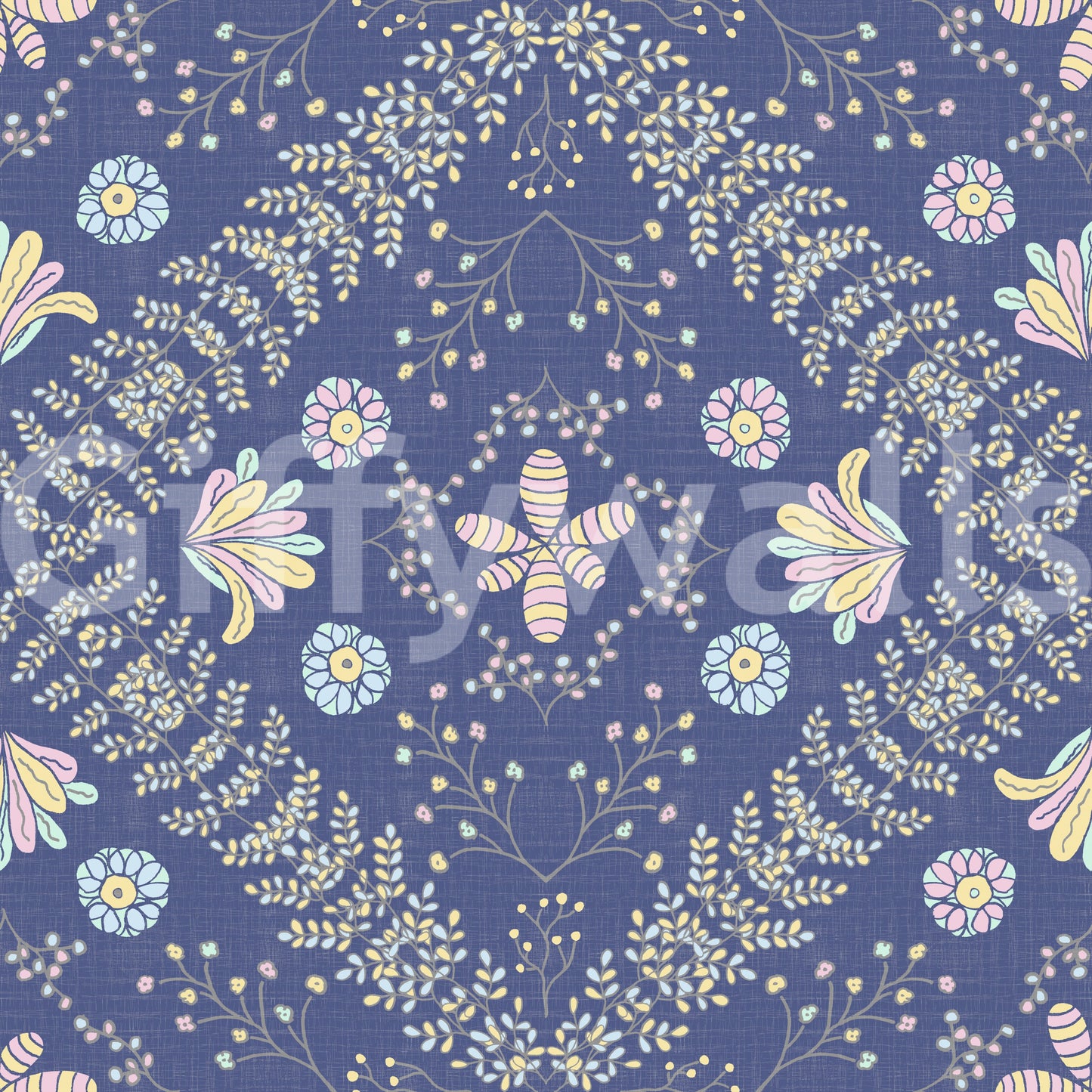 botanical motifs on a blue background