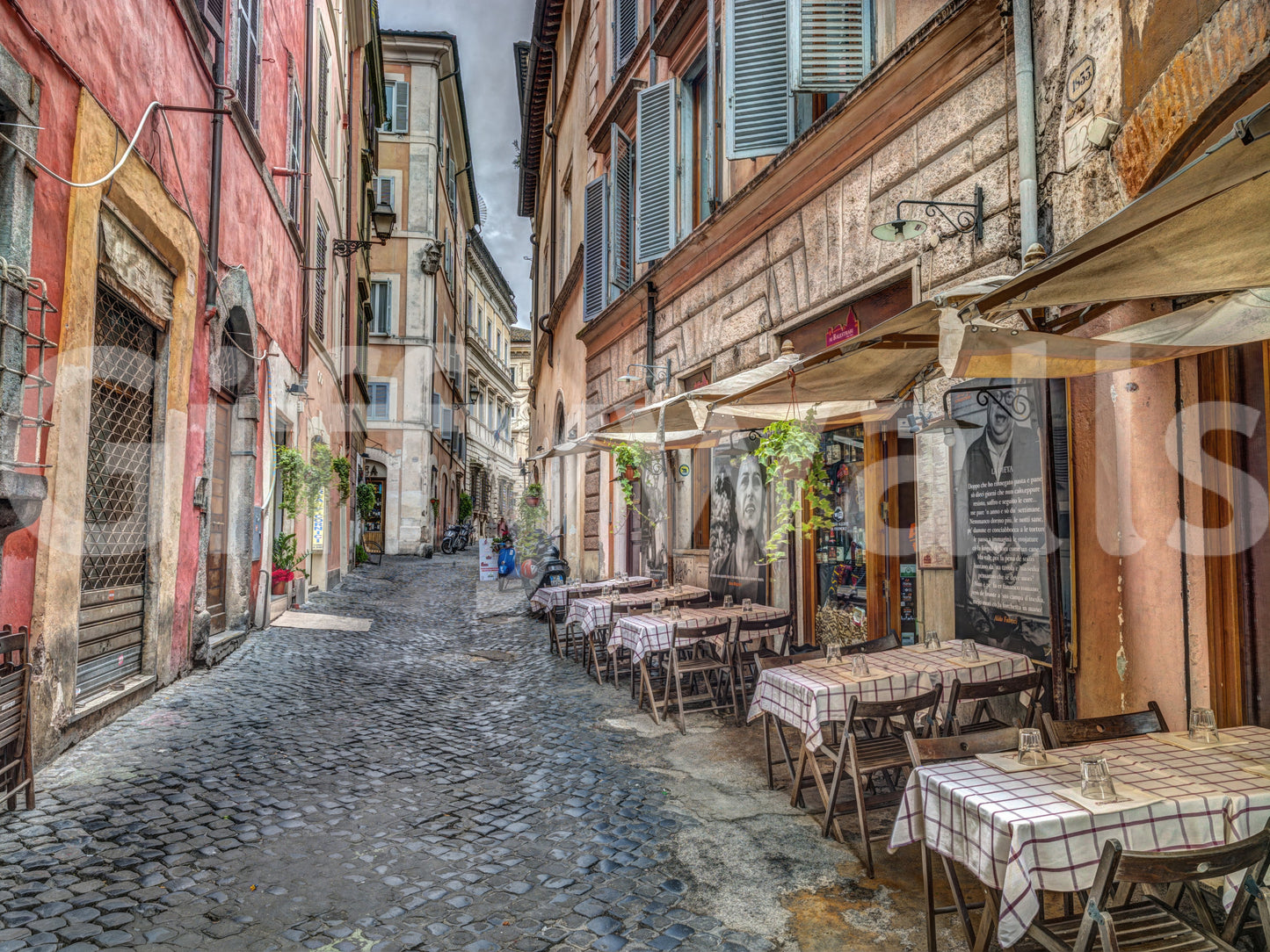 The cafe is a central focus of the image.