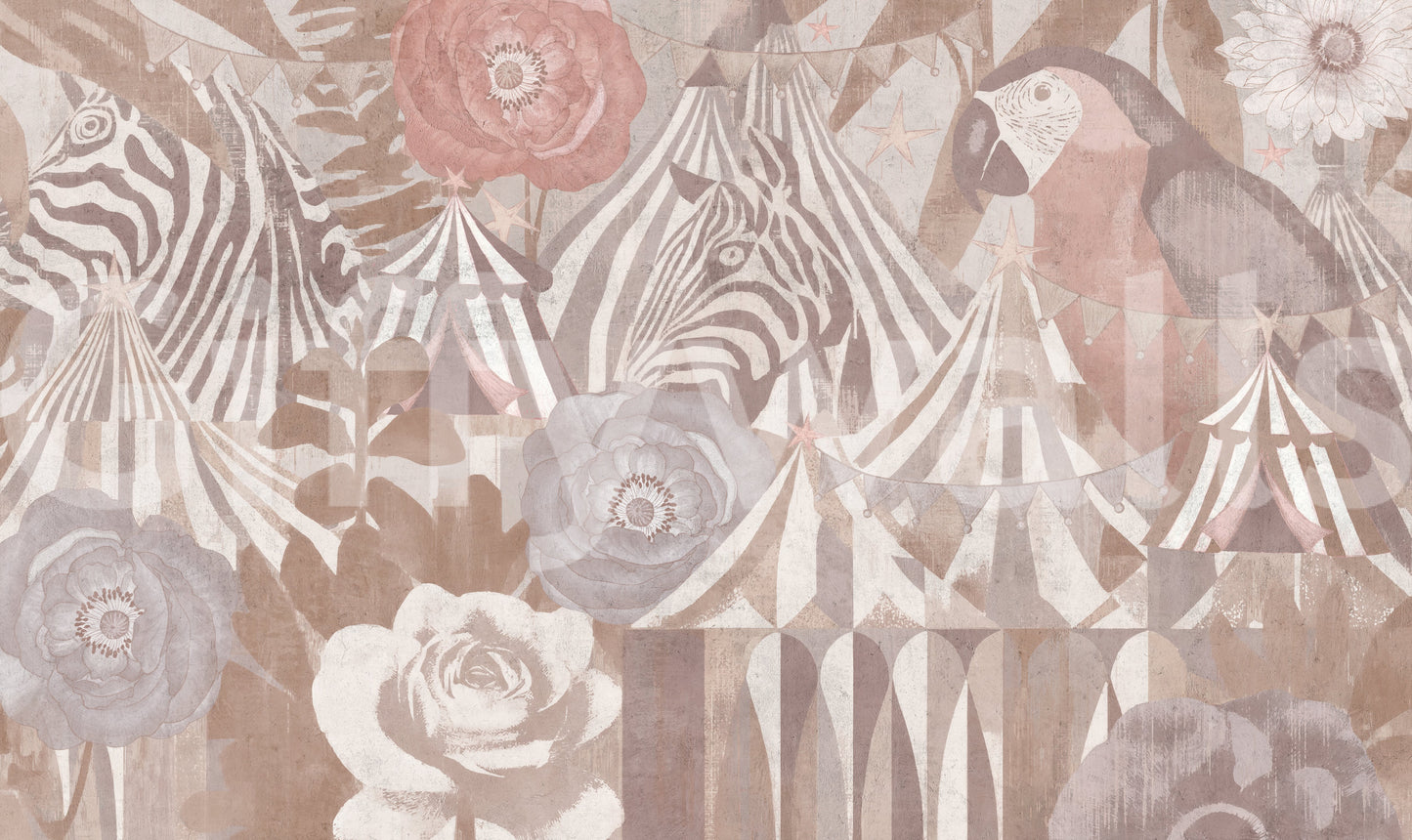 The wallpaper features a subtle, vintage pattern.