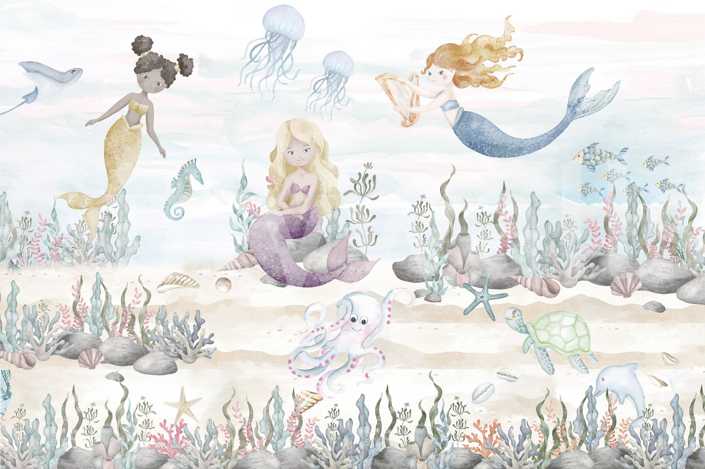 The view shows the mermaid in a serene, hidden lagoon.