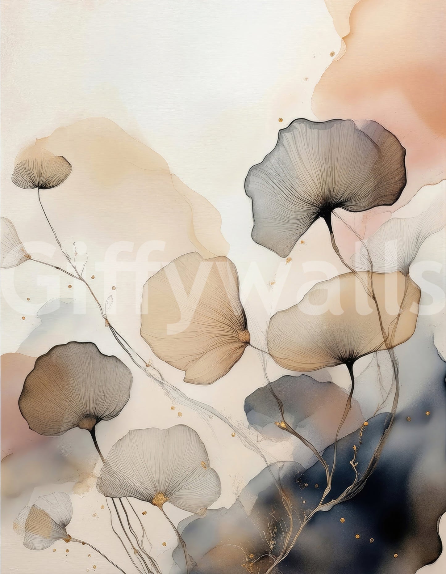 Floral watercolor mural with natural garden hues and ethereal textures for elegant interiors.
